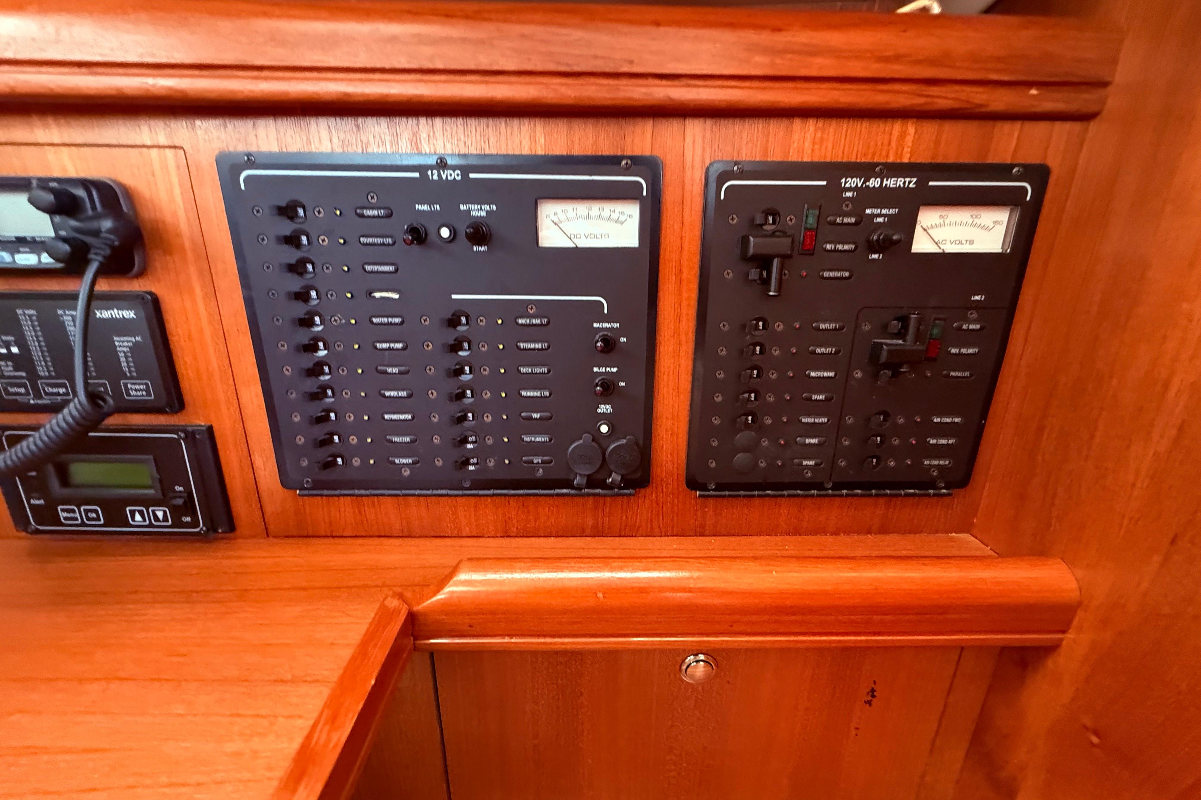 Electrical control panel on a 2005 Hunter 41 Deck Salon sailboat.