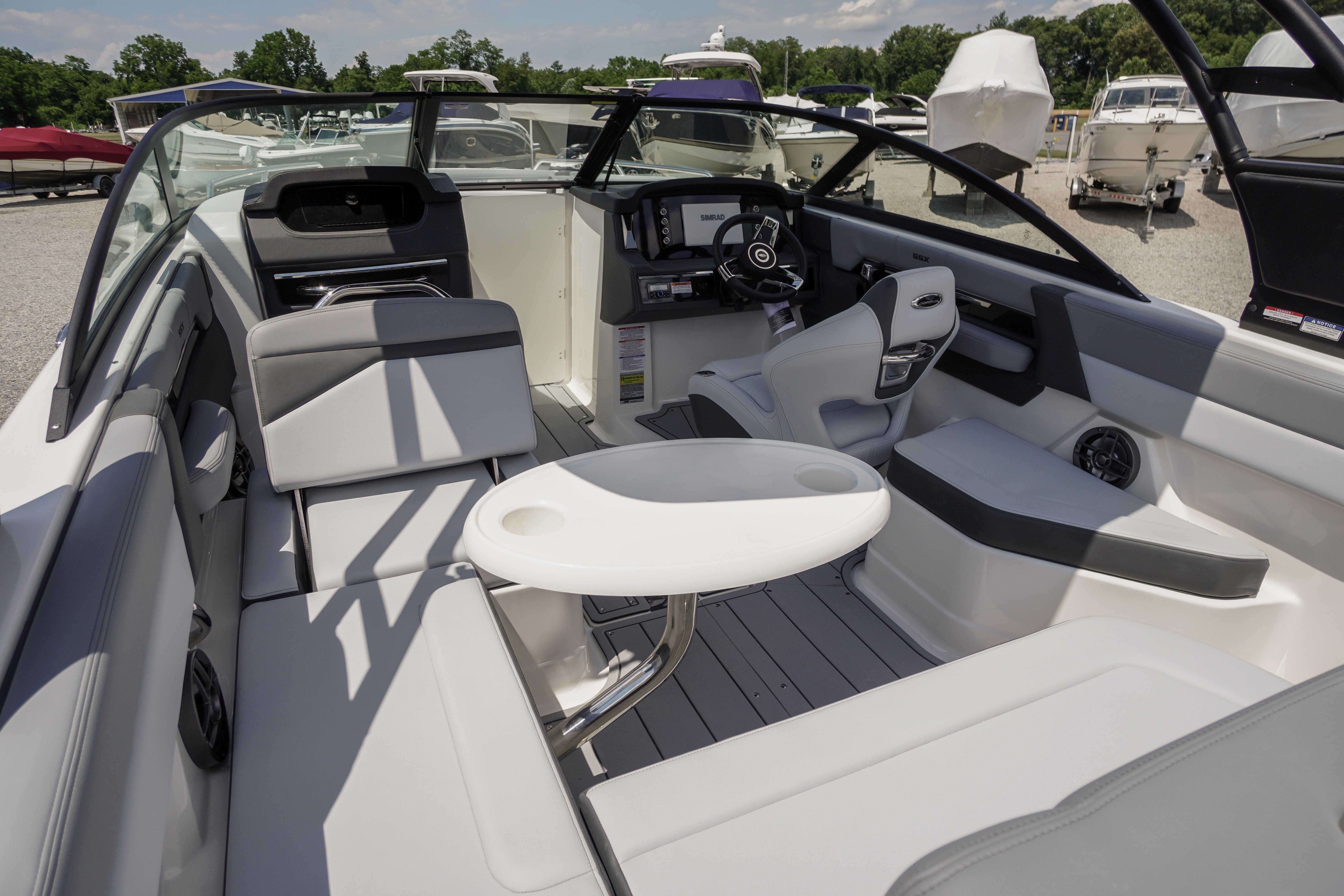 2026 Chaparral SSX 4 boat interior with modern seating and steering console.