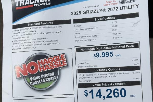 2025 Tracker GRIZZLY 2072 Utility boat pricing and specifications sheet.