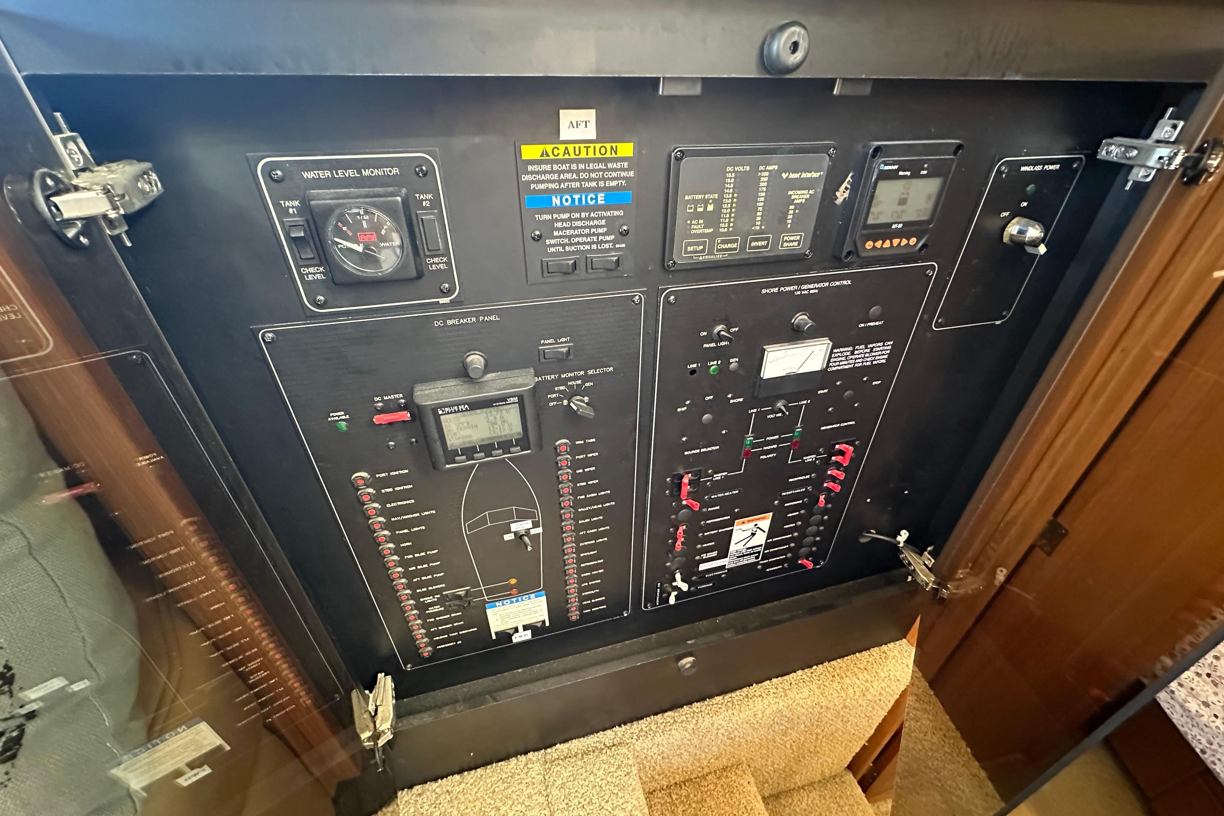 Electrical control panel on a 2000 Bayliner 4087 Aft Cabin Motoryacht.