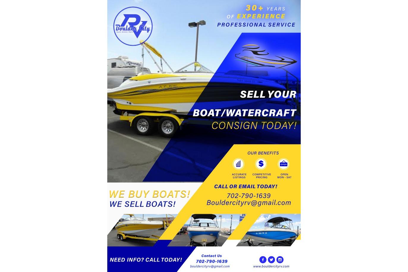 Flyer promoting boat consignment services, featuring a yellow Wellcraft 34 Scarab, 1988 model.