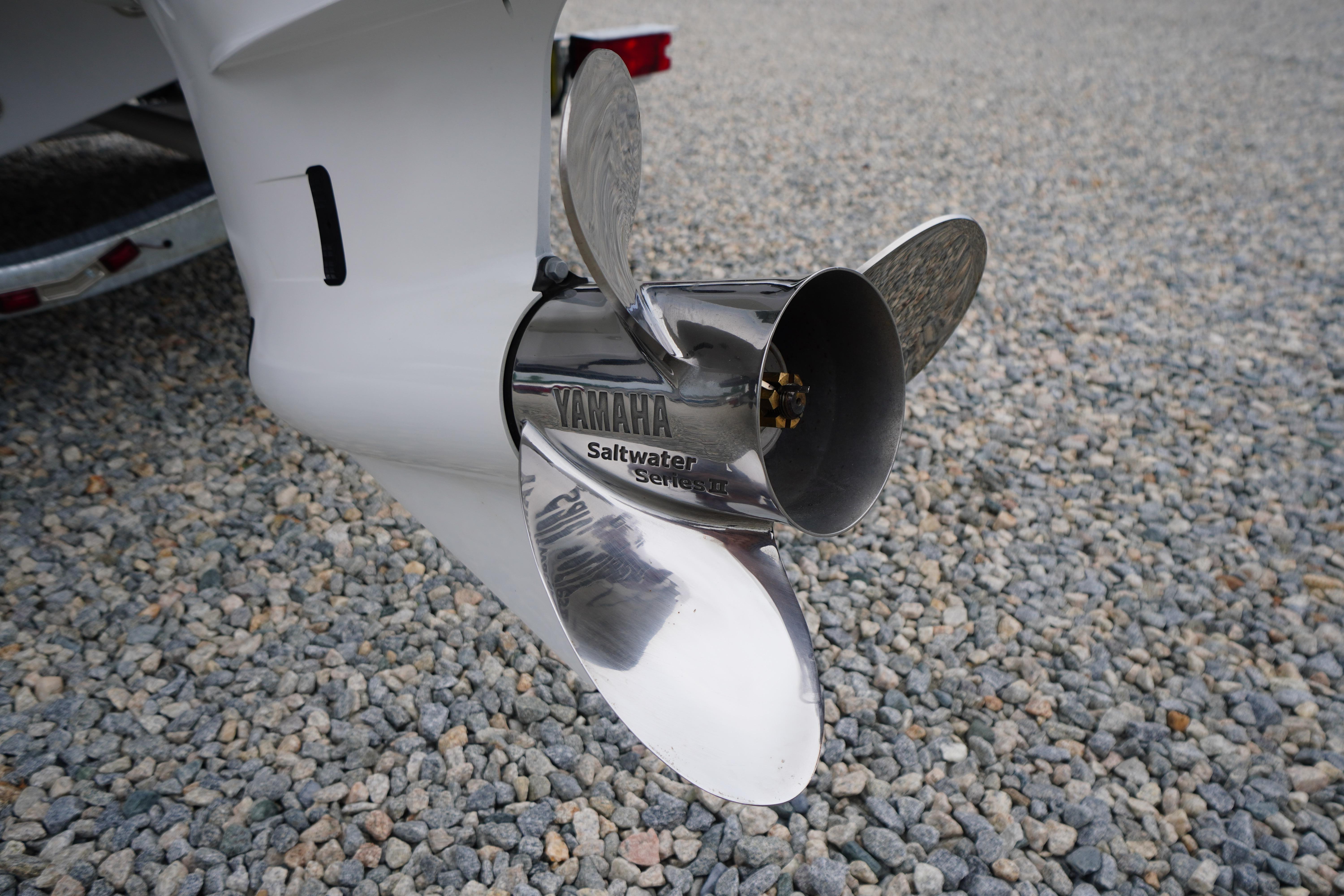 Propeller of 2026 Tidewater 232 SS boat with Yamaha Saltwater Series II.