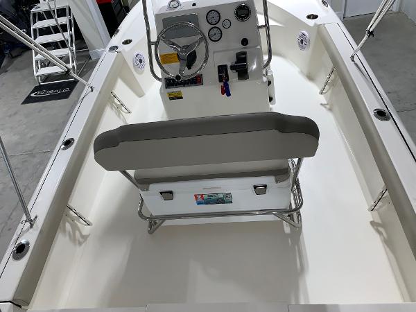 2026 Key West 188 Bay Reef boat interior with steering console and seating.