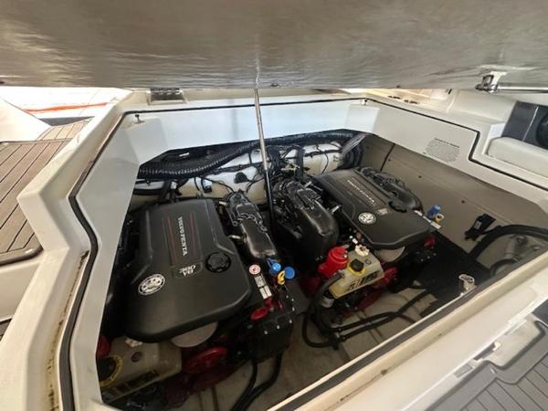 2022 Cobalt A36BR boat engine compartment with dual engines.
