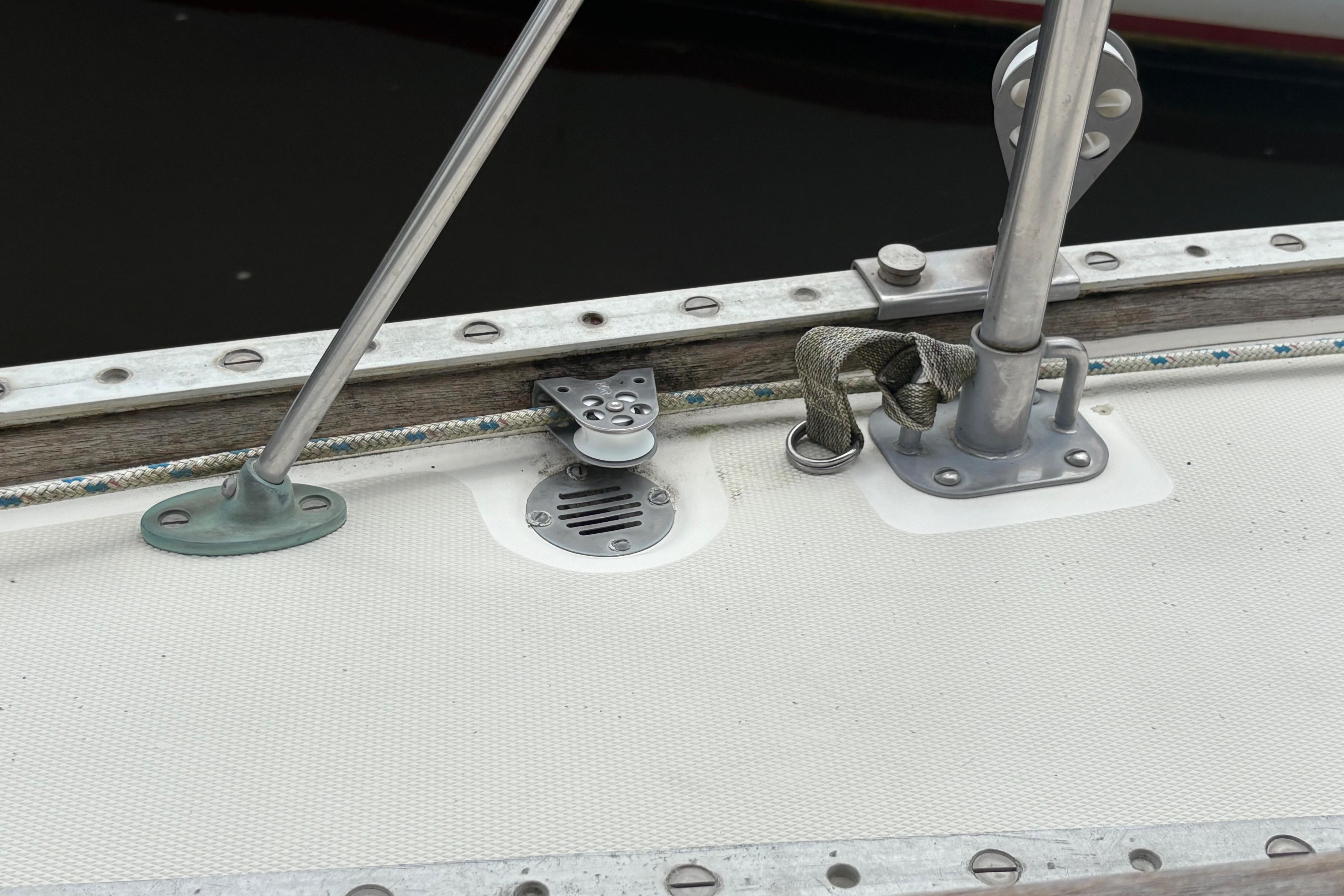 Close-up of 1981 Sabre 31 sailboat deck fittings and hardware.