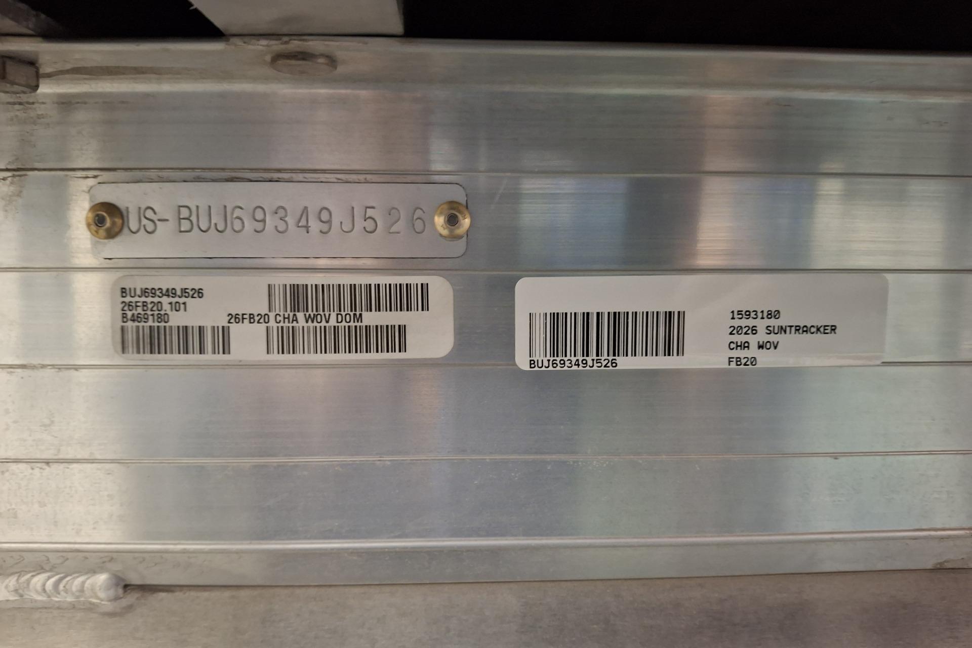 2026 Sun Tracker Party Barge 20 DLX identification plate with serial numbers and barcodes.