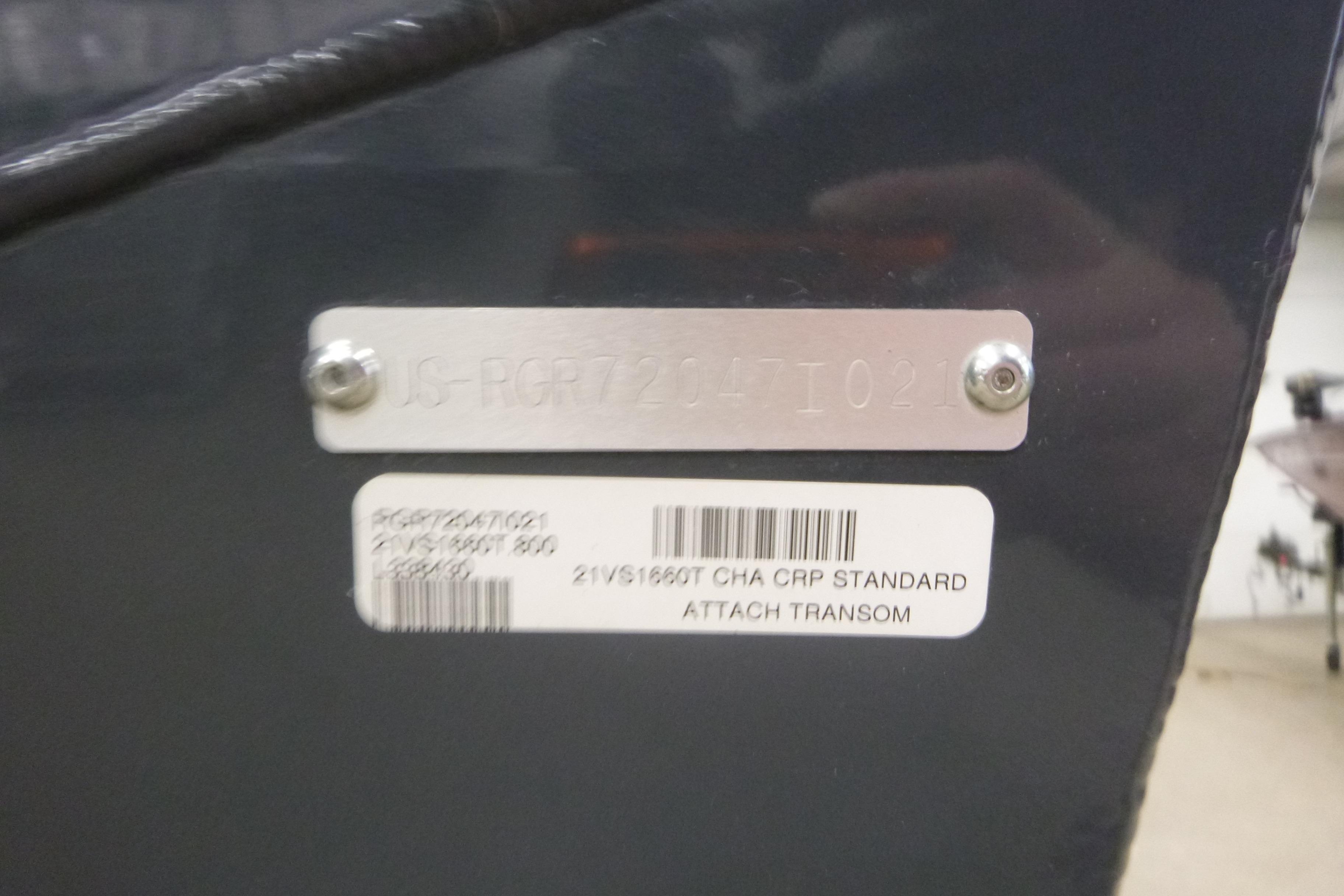 2021 Ranger VS1660 T boat transom with identification plate and barcode.