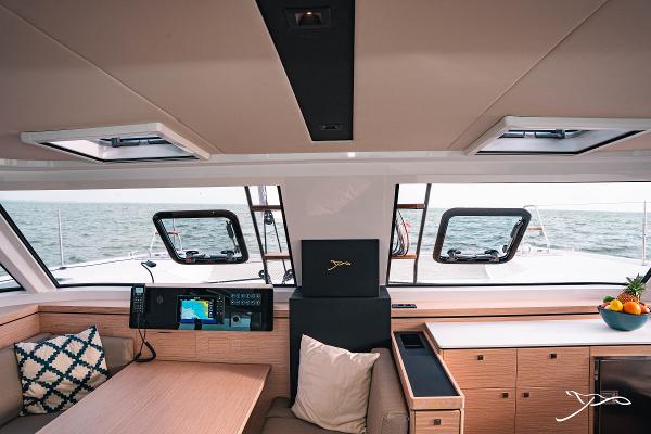 Interior of 2025 Nautitech 40 Open catamaran with modern design and ocean view.