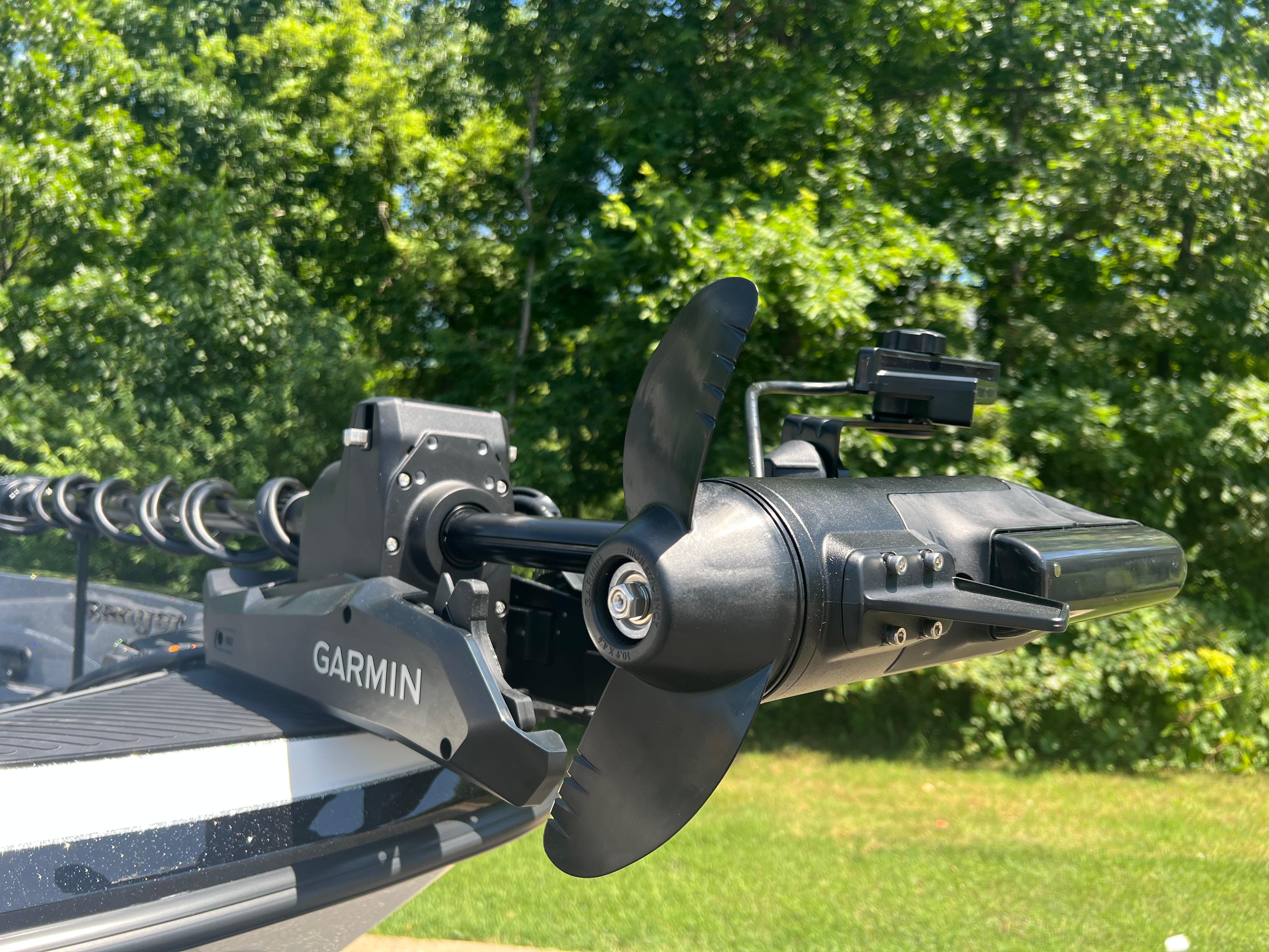 Close-up of Garmin trolling motor on 2025 Ranger 621FS Cup Equipped boat.