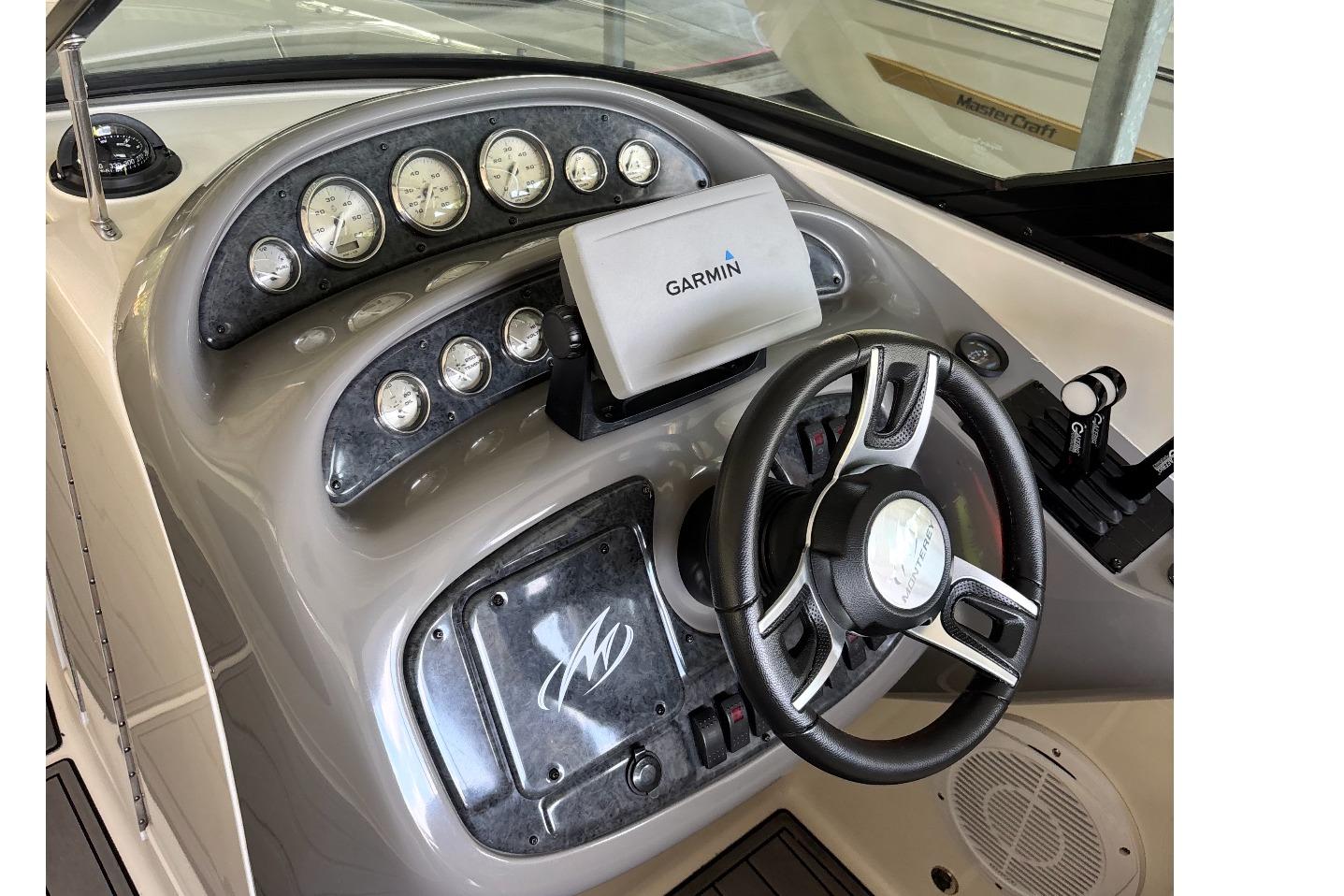Dashboard of a 2007 Monterey 298SSX Super Sport boat with Garmin navigation system.