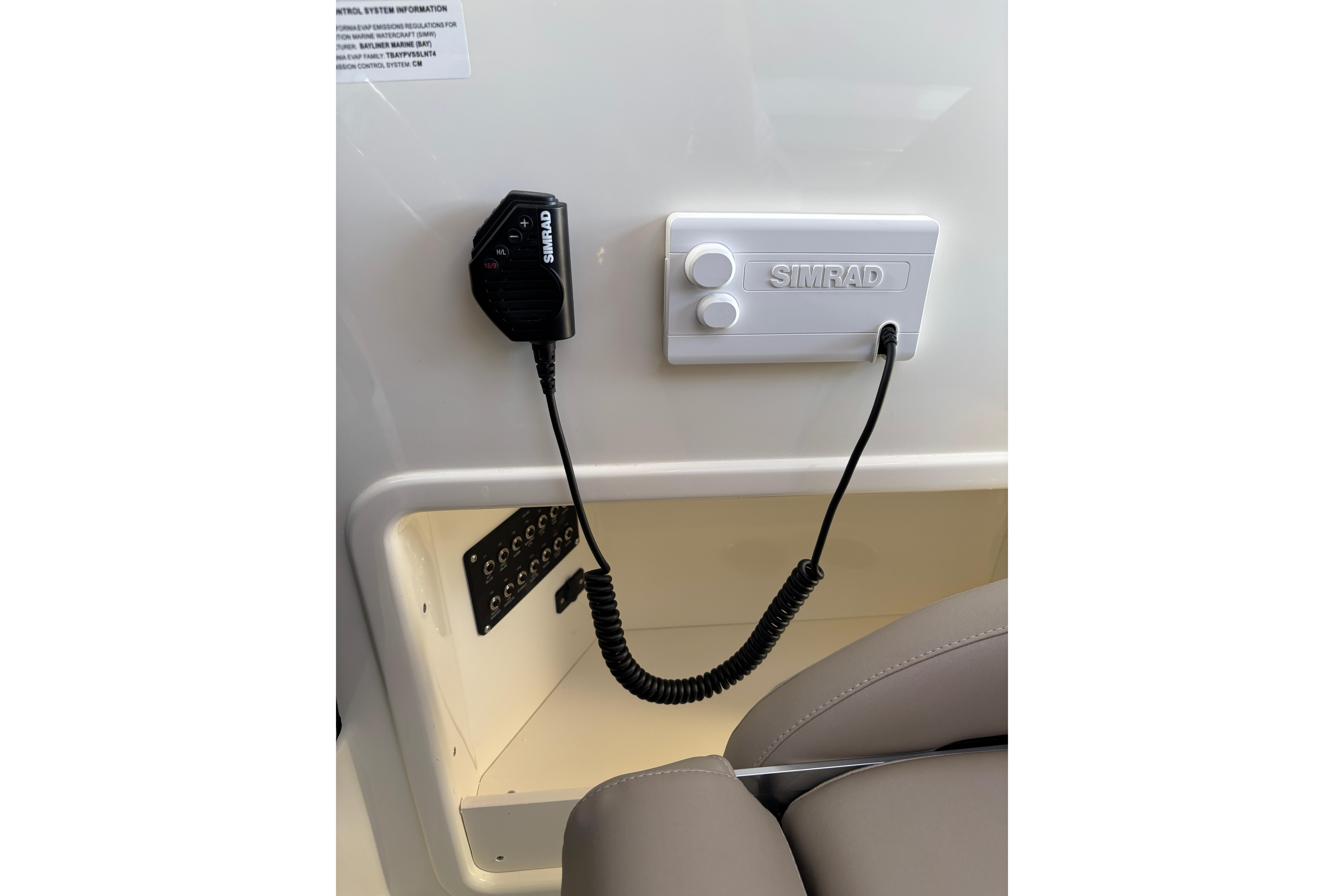 Simrad marine radio system in 2026 Trophy T 25 Explorer boat interior.