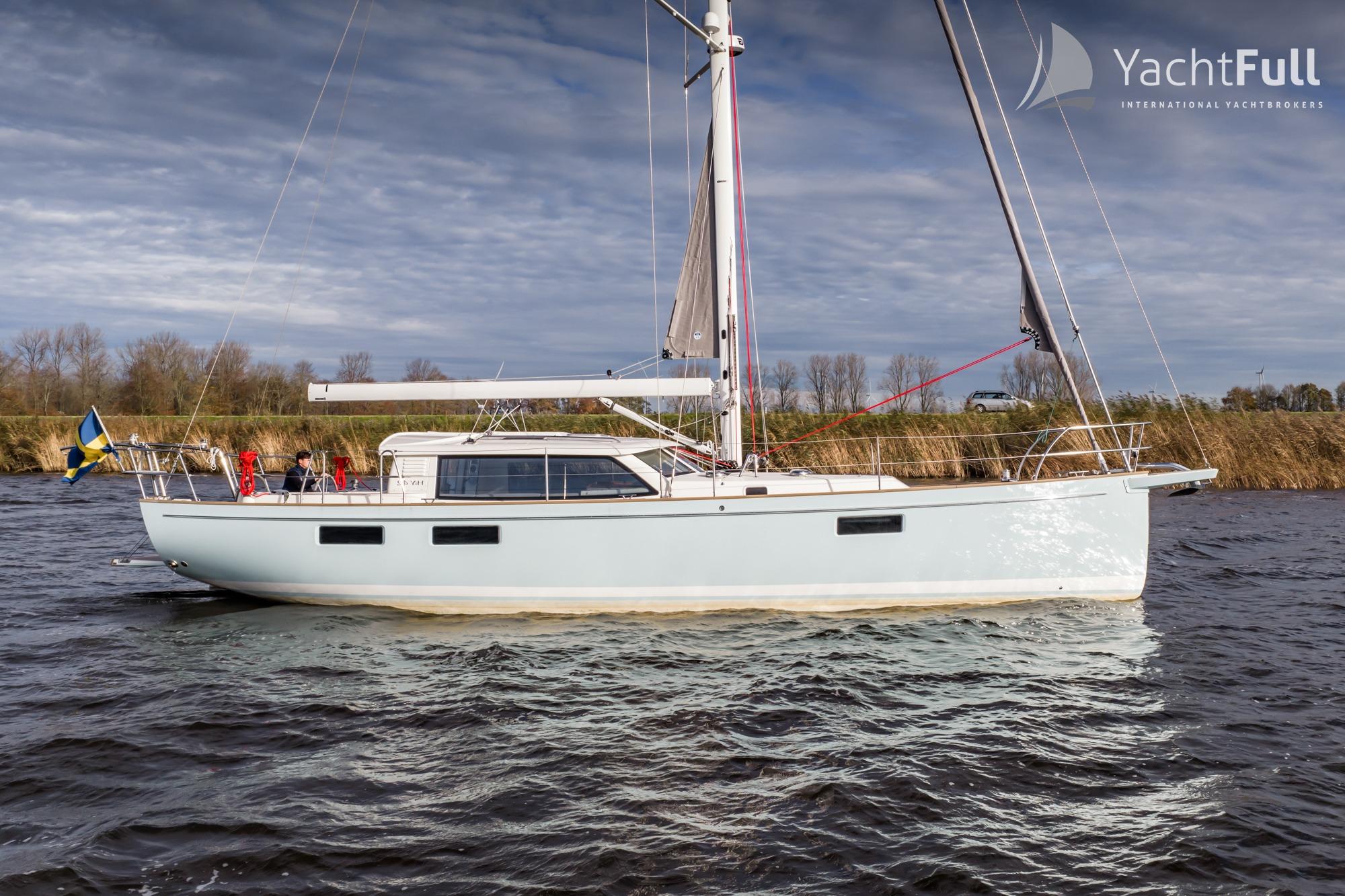 Sailing yacht Heyman 42 PPH 2023 on a calm river under cloudy skies.