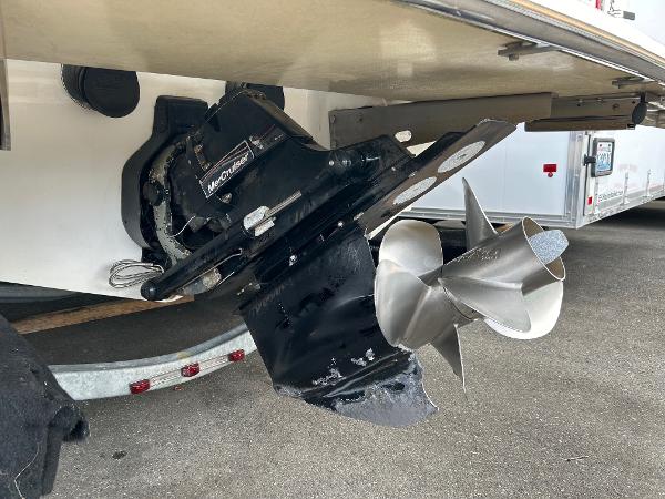 Cobalt 262 boat propeller and outdrive, 2010 model, on a trailer.