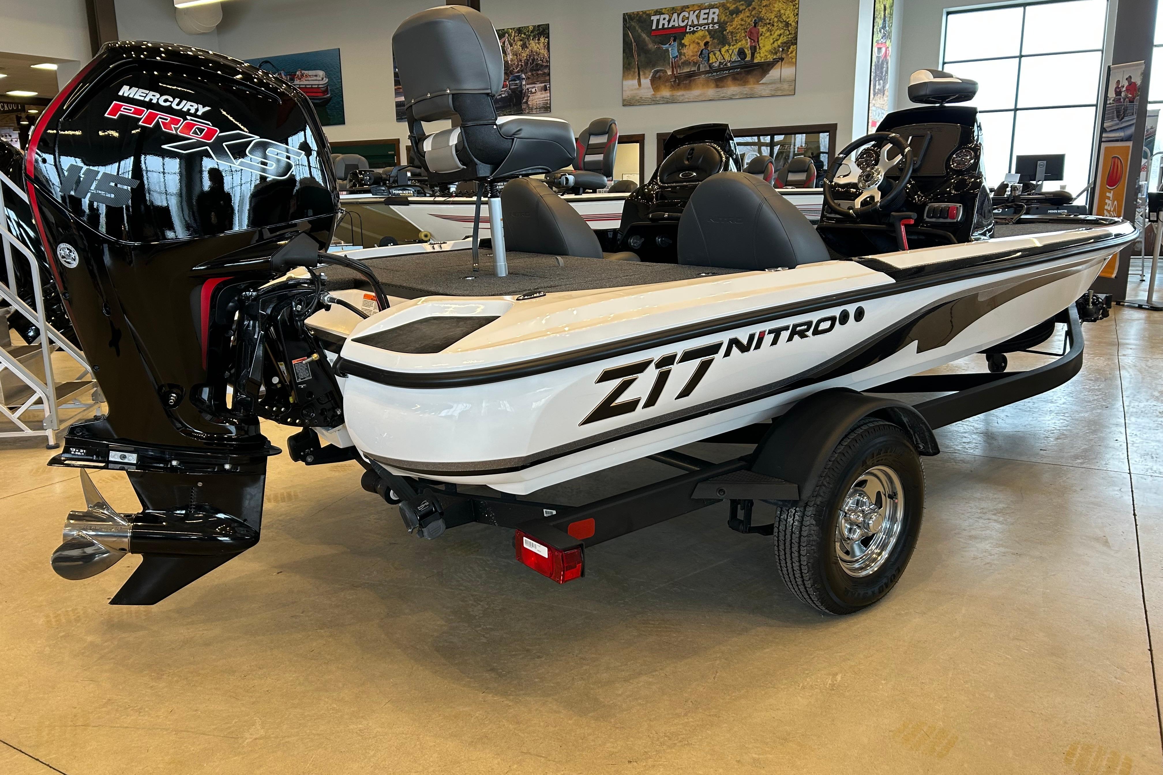 2026 Nitro Z17 boat with Mercury Pro XS engine in showroom.