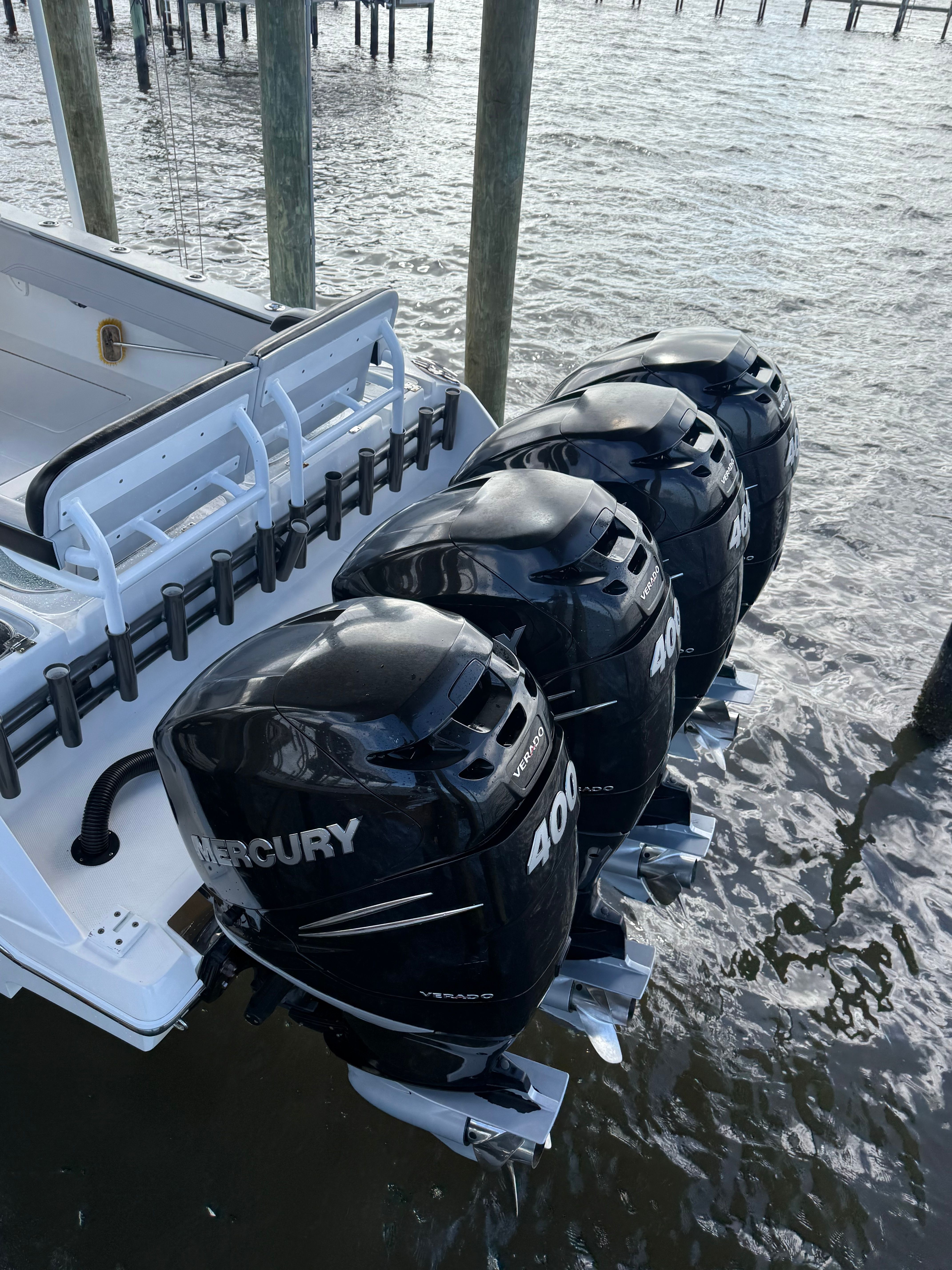 Four Mercury 400 outboard engines on a Nor-Tech 392 Super Fish boat.