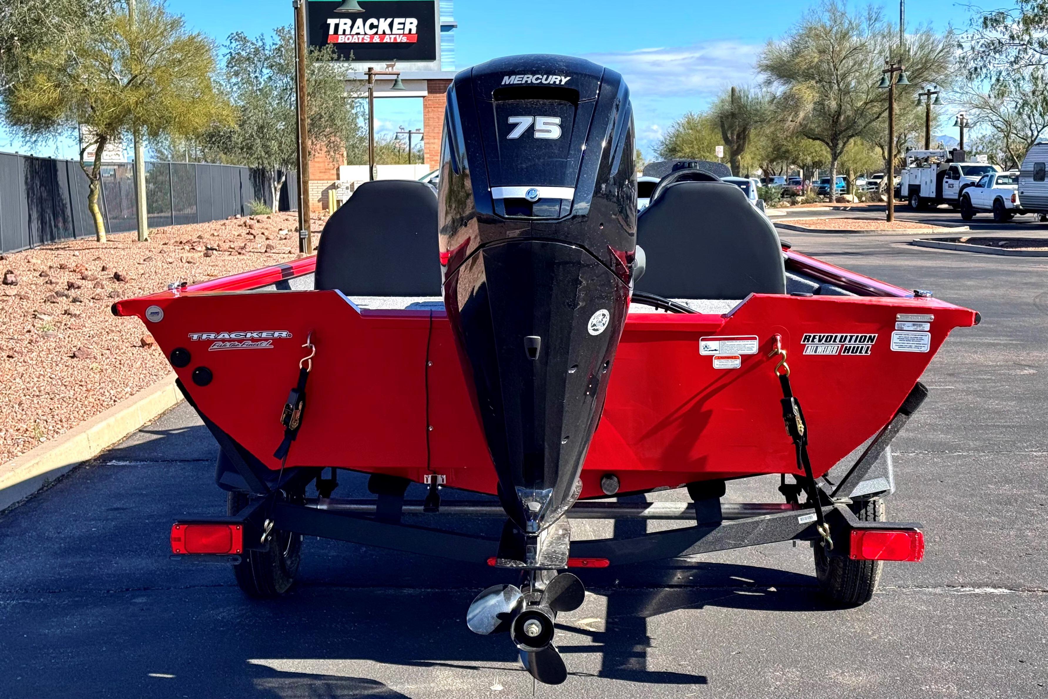 2026 Tracker Pro Team 175 Crappie Edition boat with Mercury 75 engine, parked outdoors.