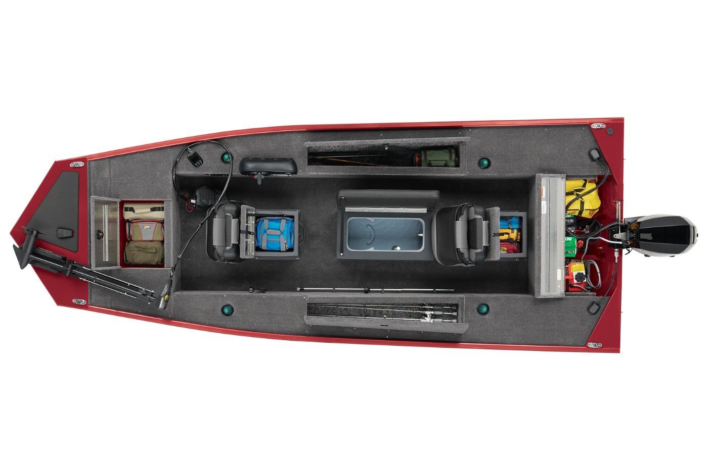 Top view of 2025 Tracker Panfish 17 fishing boat with seating and storage compartments.