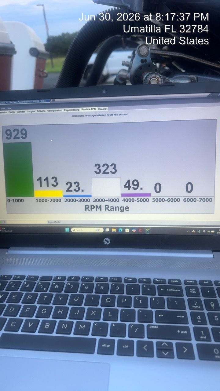 A laptop displays a chart of RPM ranges, taken in Umatilla, Florida.