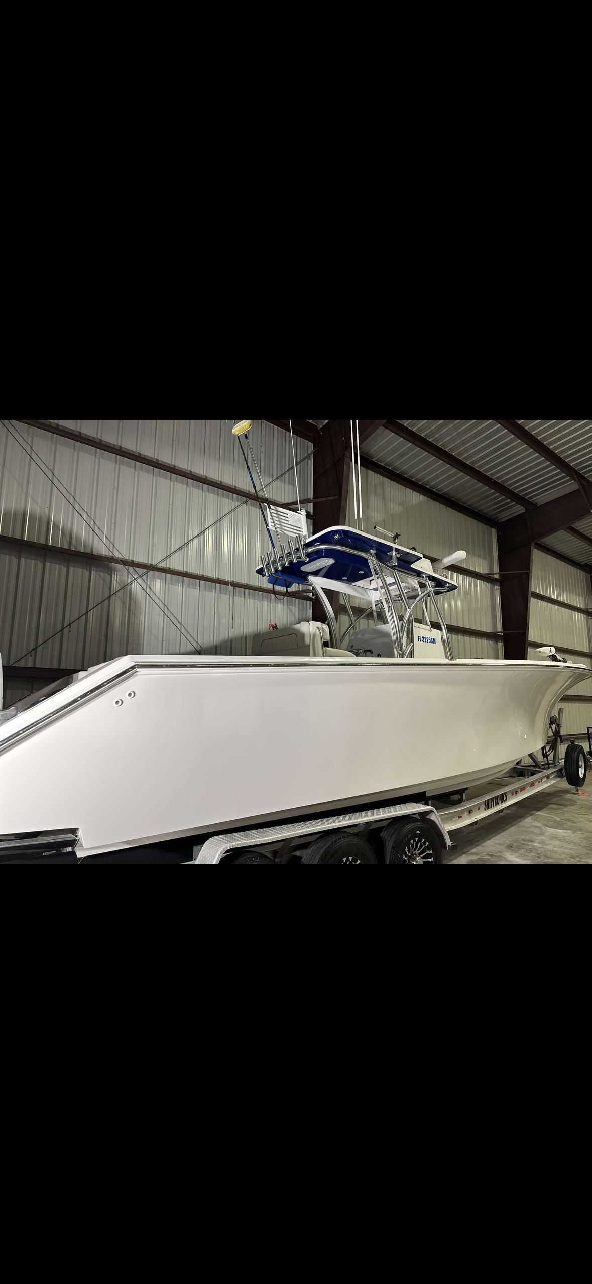 2019 SeaHunter 31 Tournament boat in storage facility.