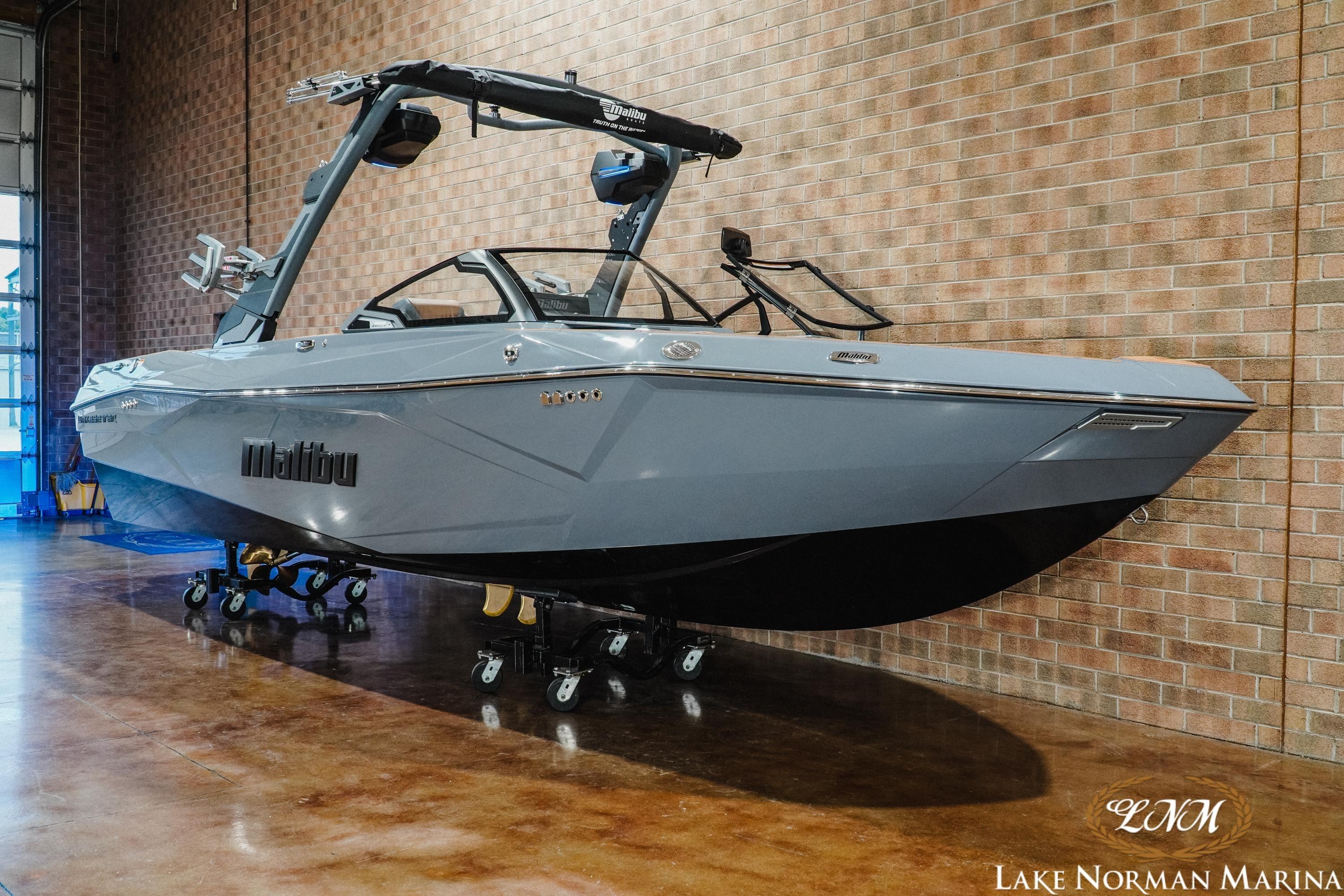2026 Malibu Wakesetter 23 LSV boat displayed indoors at Lake Norman Marina.
