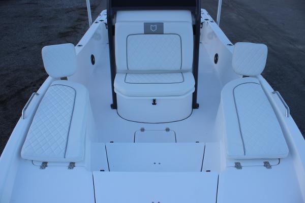 2025 Sea Fox 231 Bay Fox boat interior with white cushioned seating.