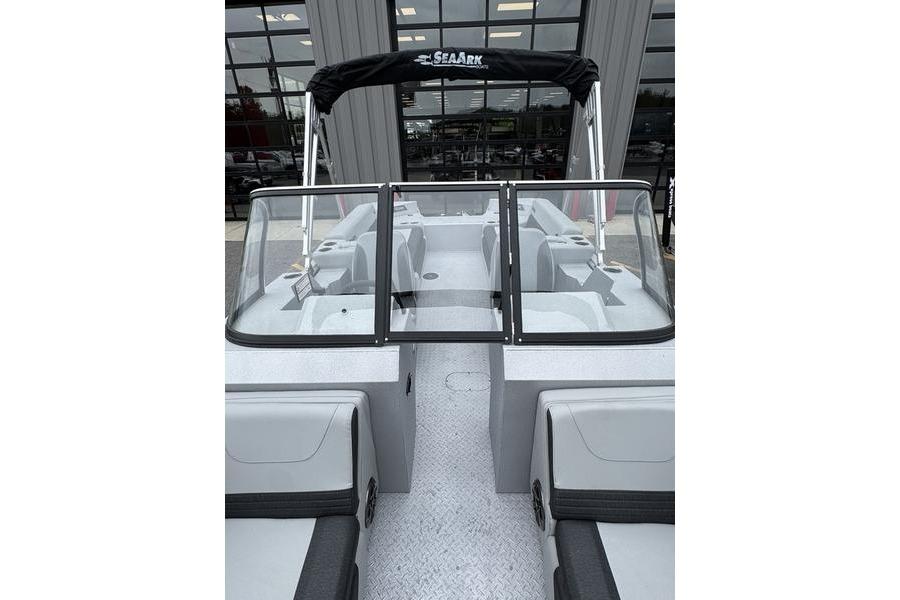 2025 SeaArk Super Lounge Easy boat interior with seating and windshield.