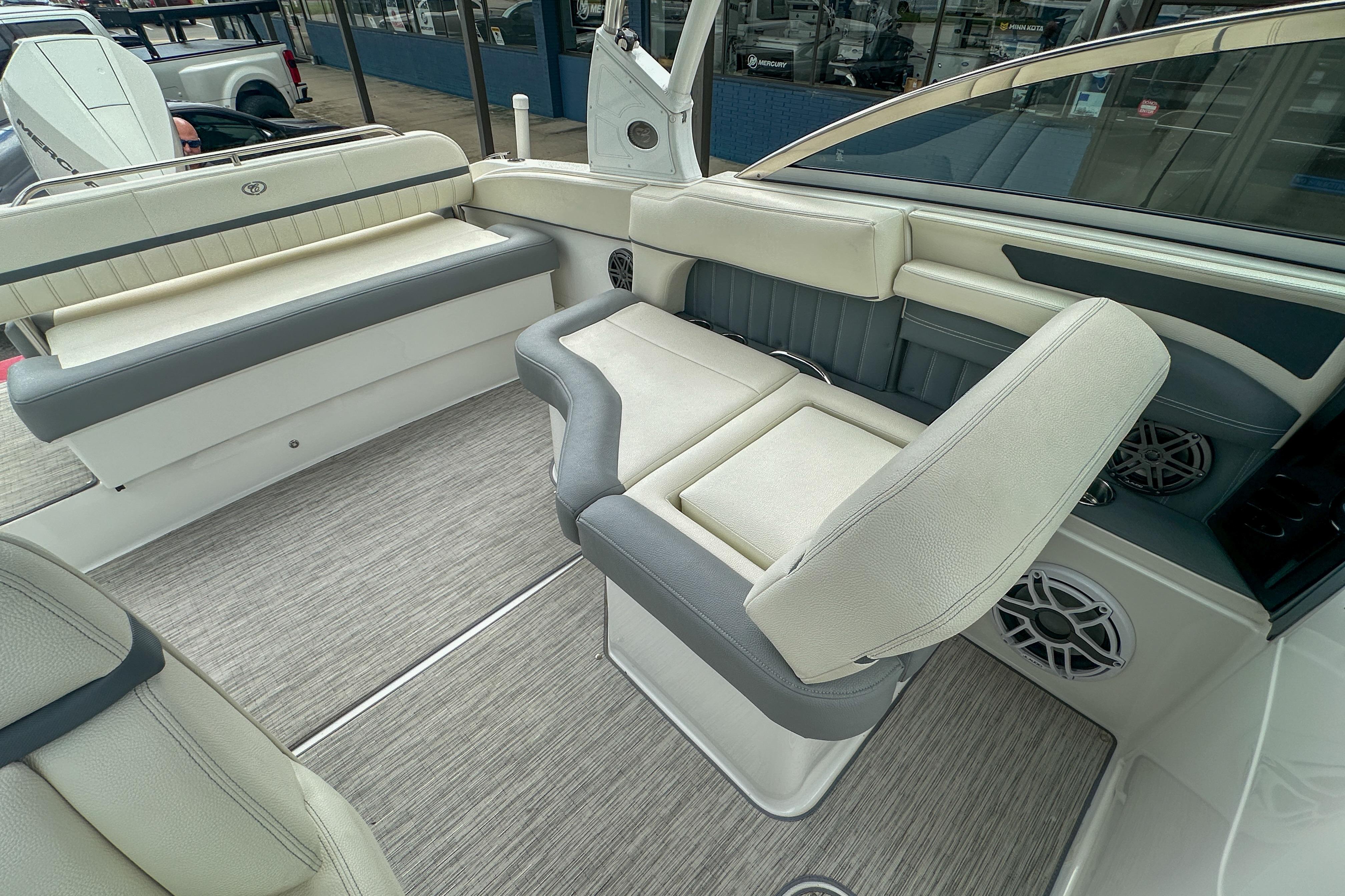 2022 Cobalt 25SC boat interior with luxurious seating and modern design.