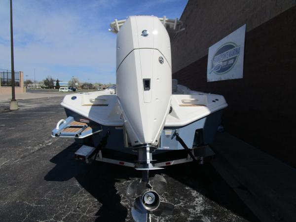2024 Ranger 2660 Bay boat rear view with outboard motor.