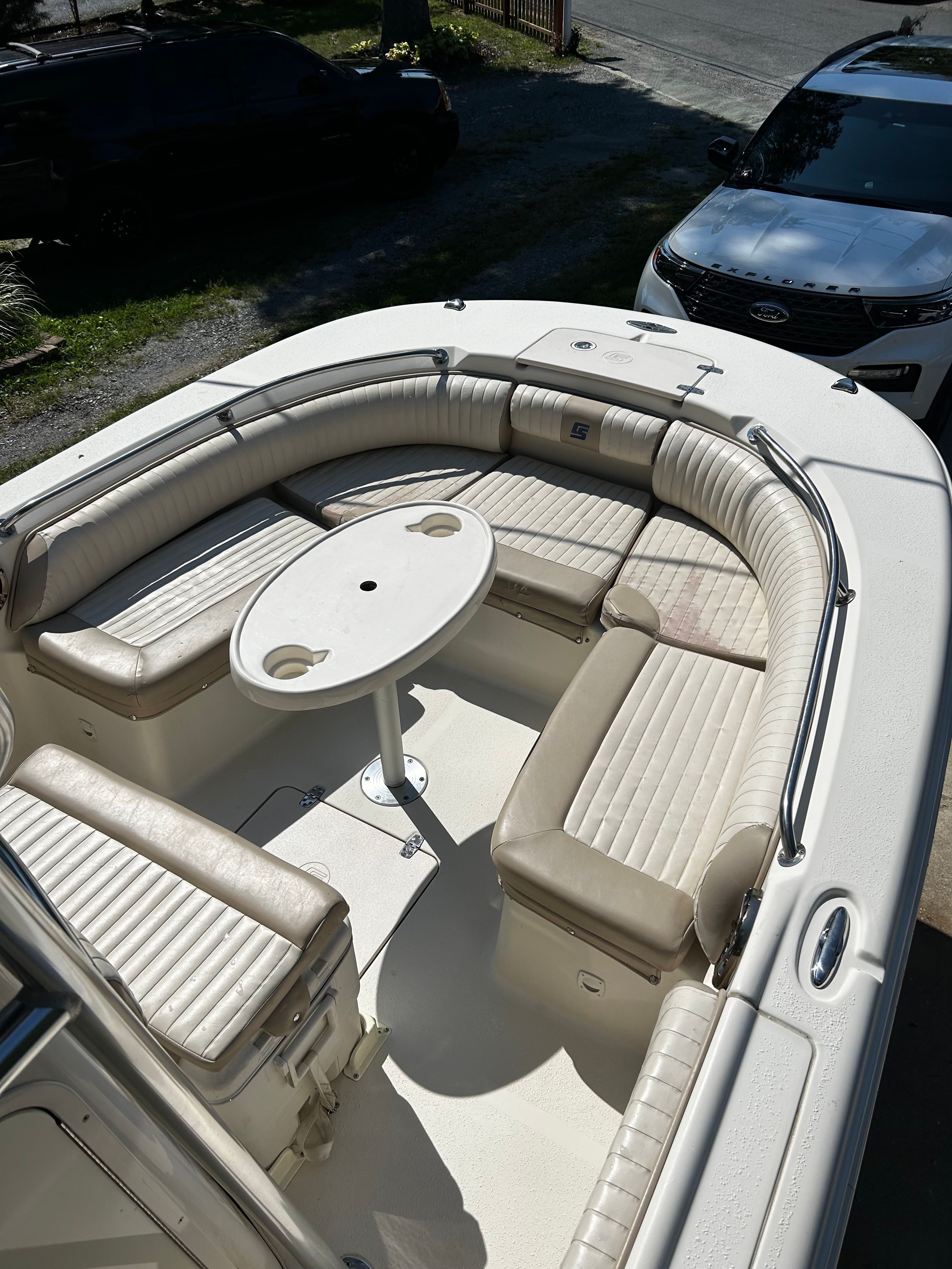 Interior view of a 2014 Carolina Skiff 23 Ultra Elite boat.