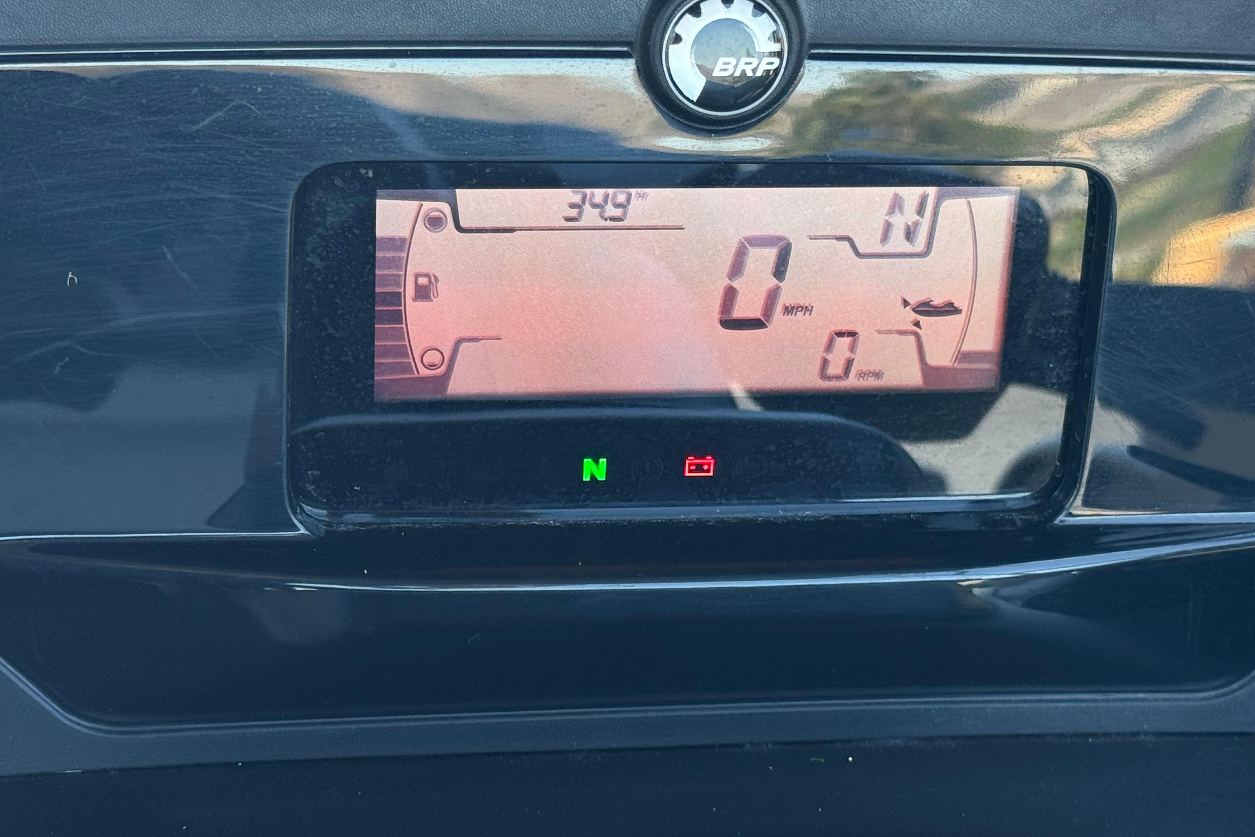 Dashboard display of 2024 Sea-Doo Switch Compact, showing speed and RPM indicators.