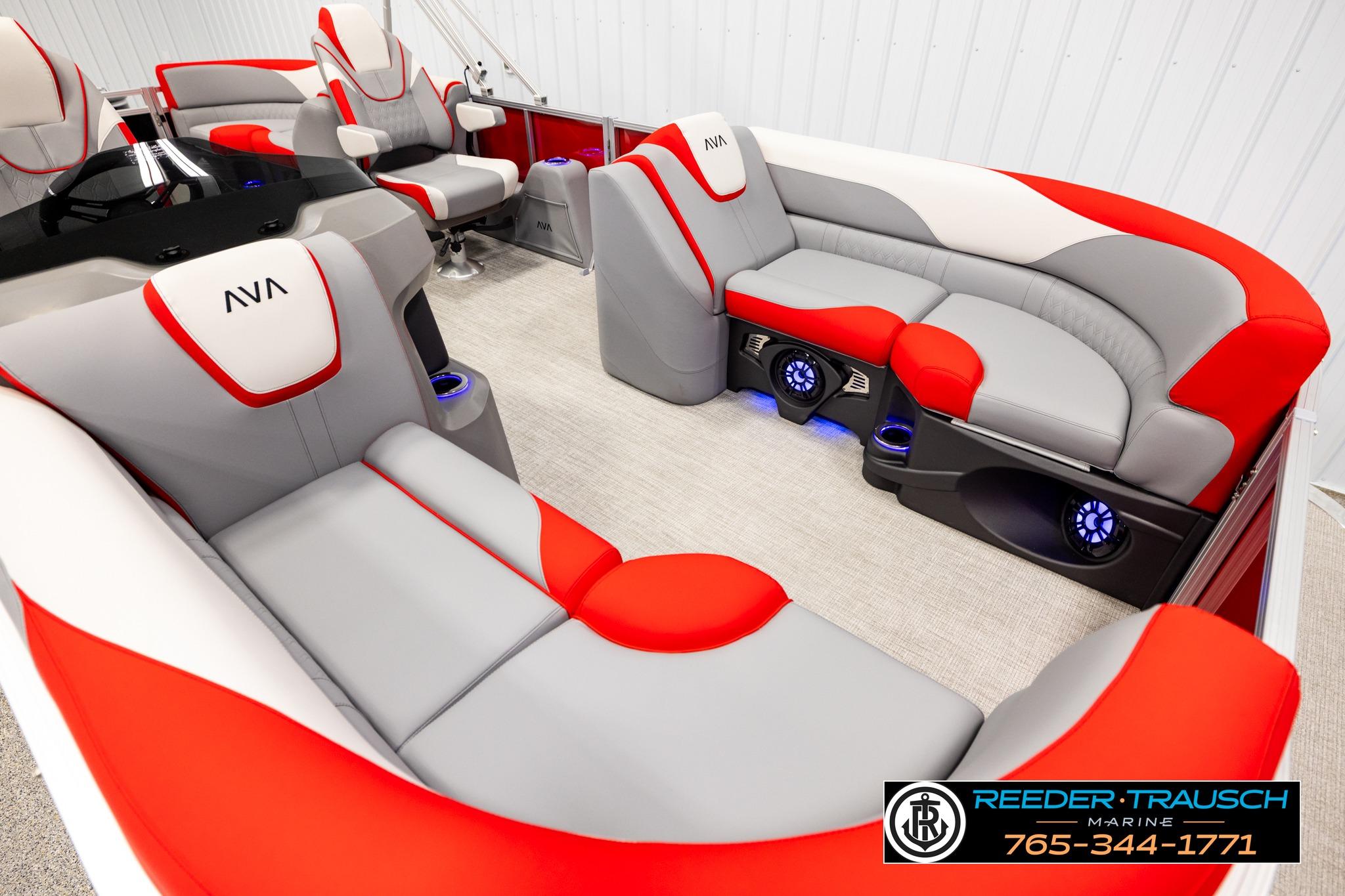 Luxurious 2026 Avalon LSZ QL boat interior with red and gray seating, featuring modern design elements.