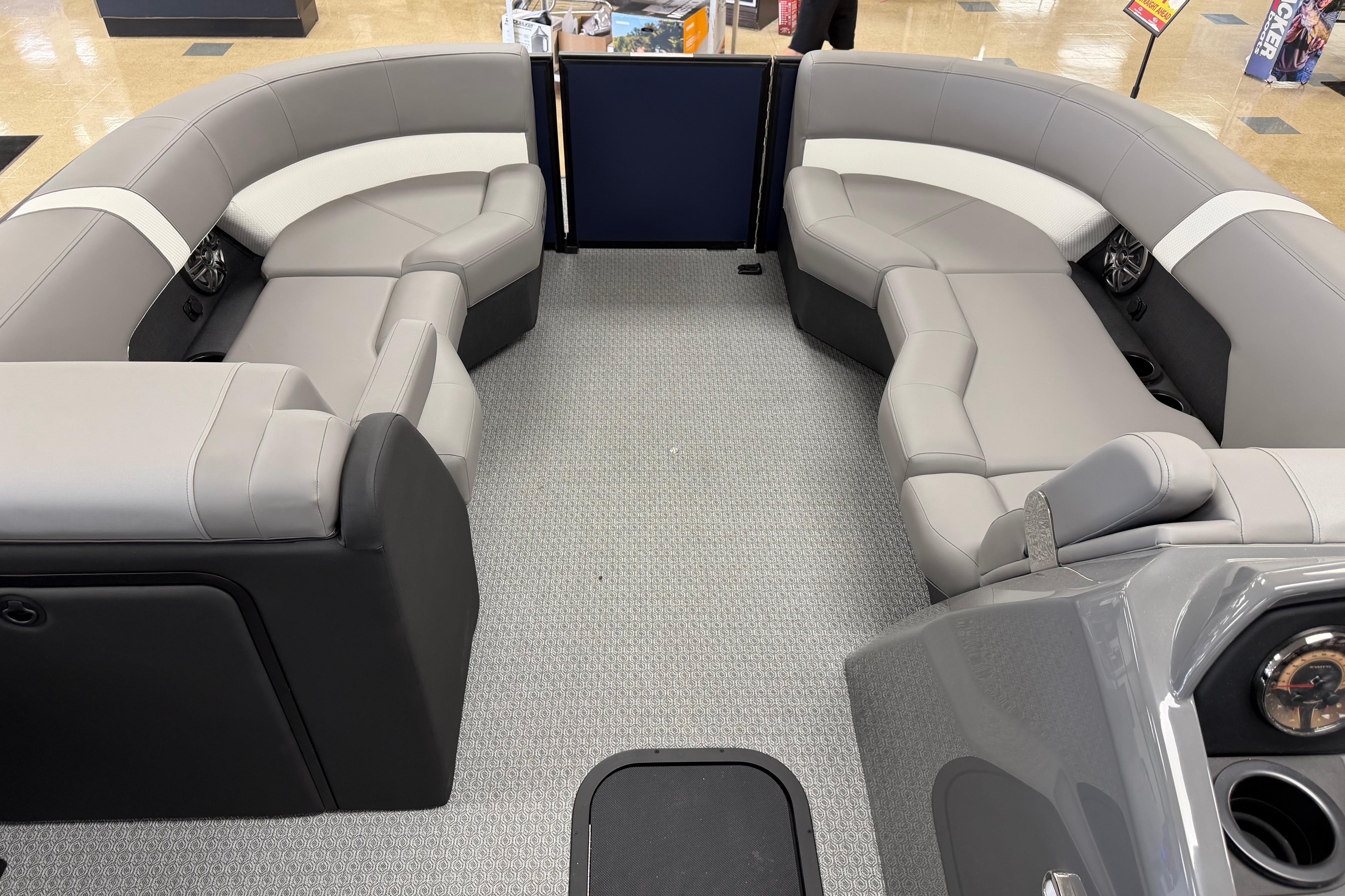 Luxurious seating area of 2026 Evotti 523QL boat with modern design.