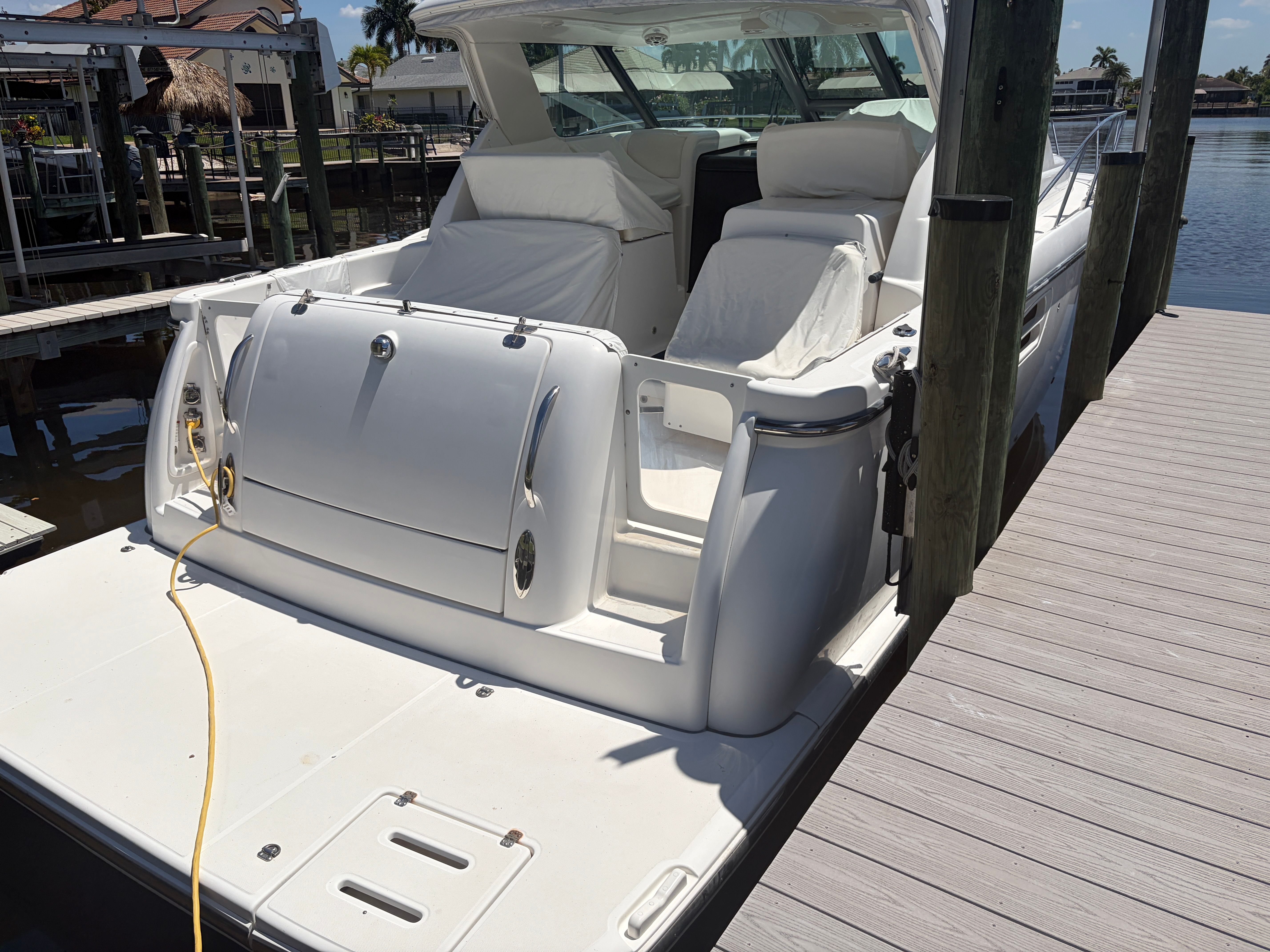 2005 Tiara Yachts Sovran at dock, luxurious design.