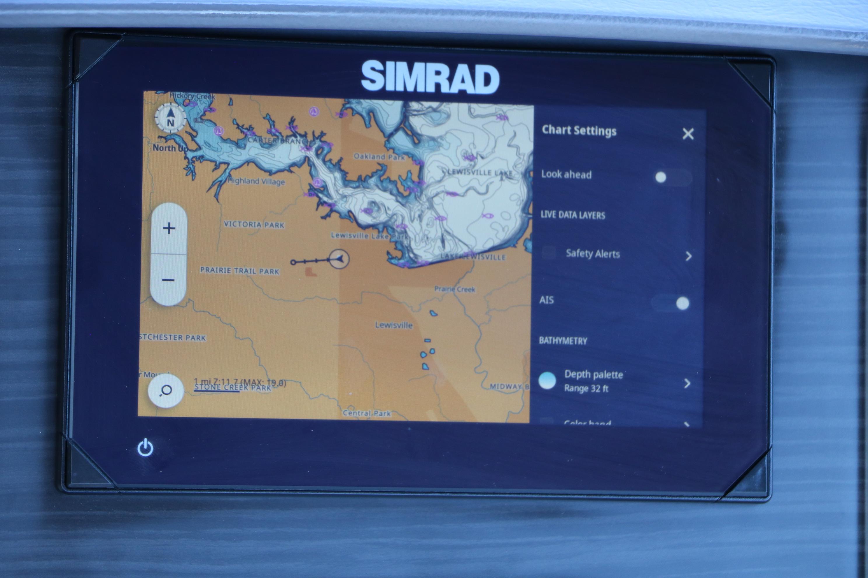 Simrad navigation display on 2024 Bennington 23 RX Swingback boat dashboard.
