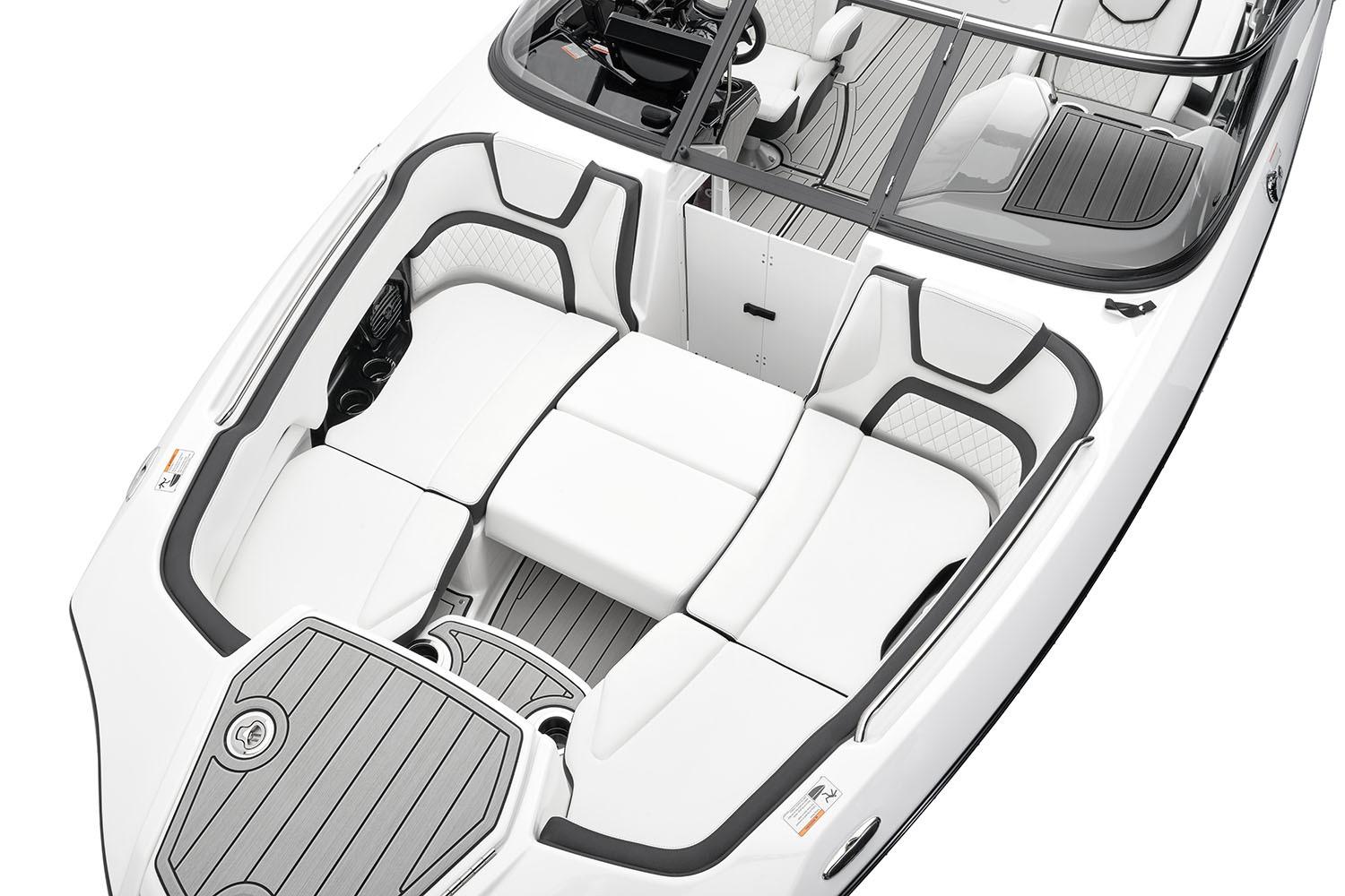 Manufacturer Provided Image: 2026 Yamaha Boats 252SE interior, featuring sleek white seating and modern design.
