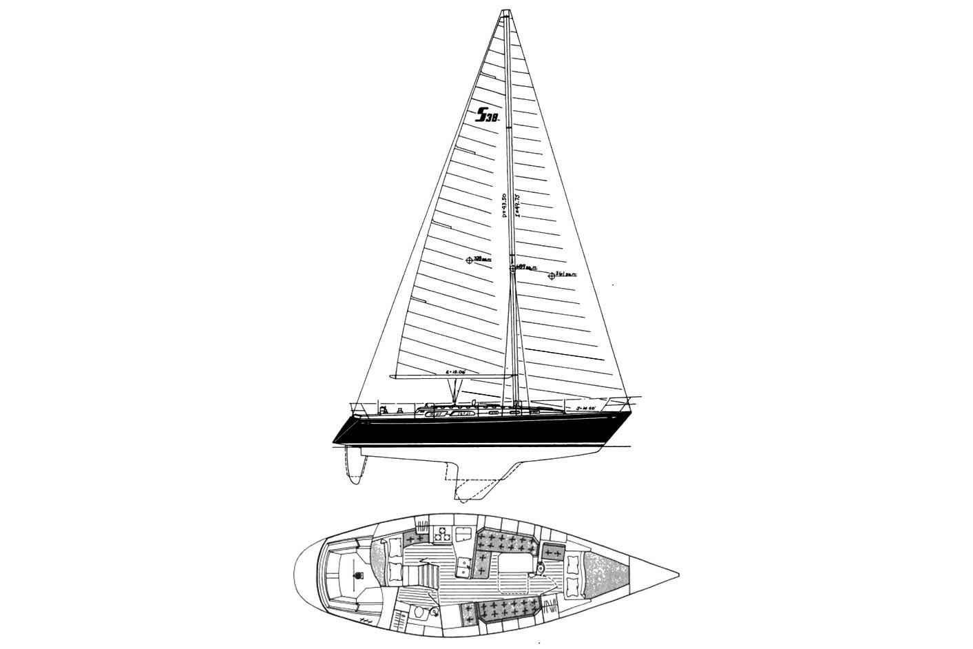 Blueprint of 1988 Sabre 38 sailboat, showcasing side and top views with detailed interior layout.