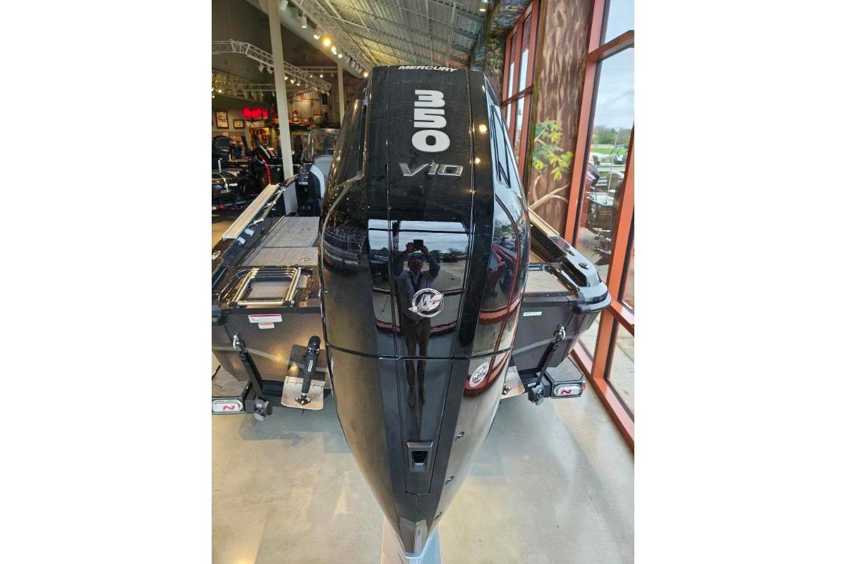 2026 Nitro ZV21 boat with powerful 350 V10 engine displayed indoors.
