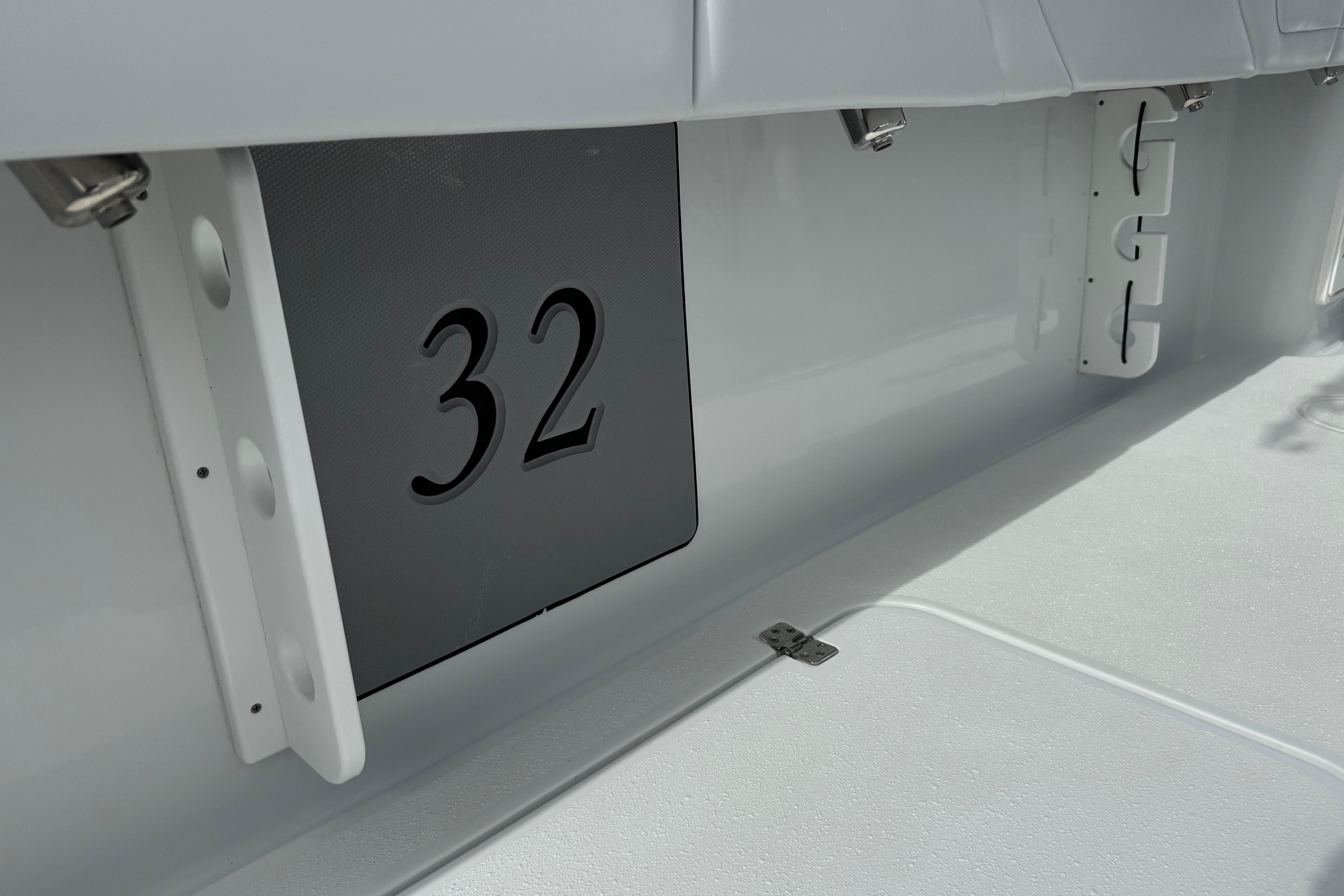 2022 Yellowfin 32 Offshore boat interior with number 32 displayed.