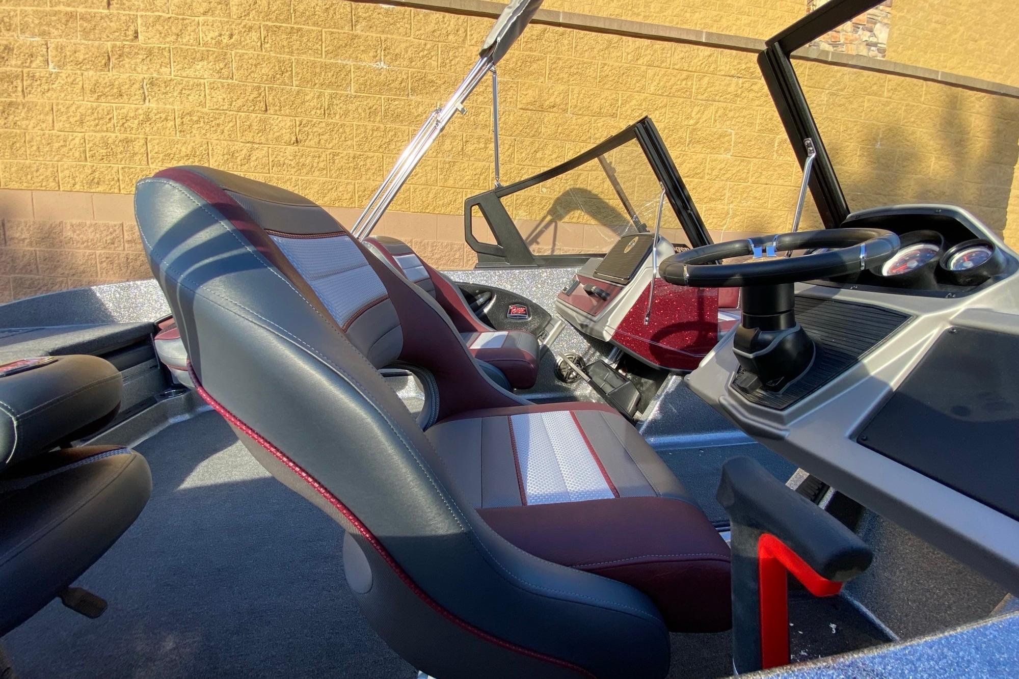 2026 Ranger 1850MS boat interior with modern seating and steering console.