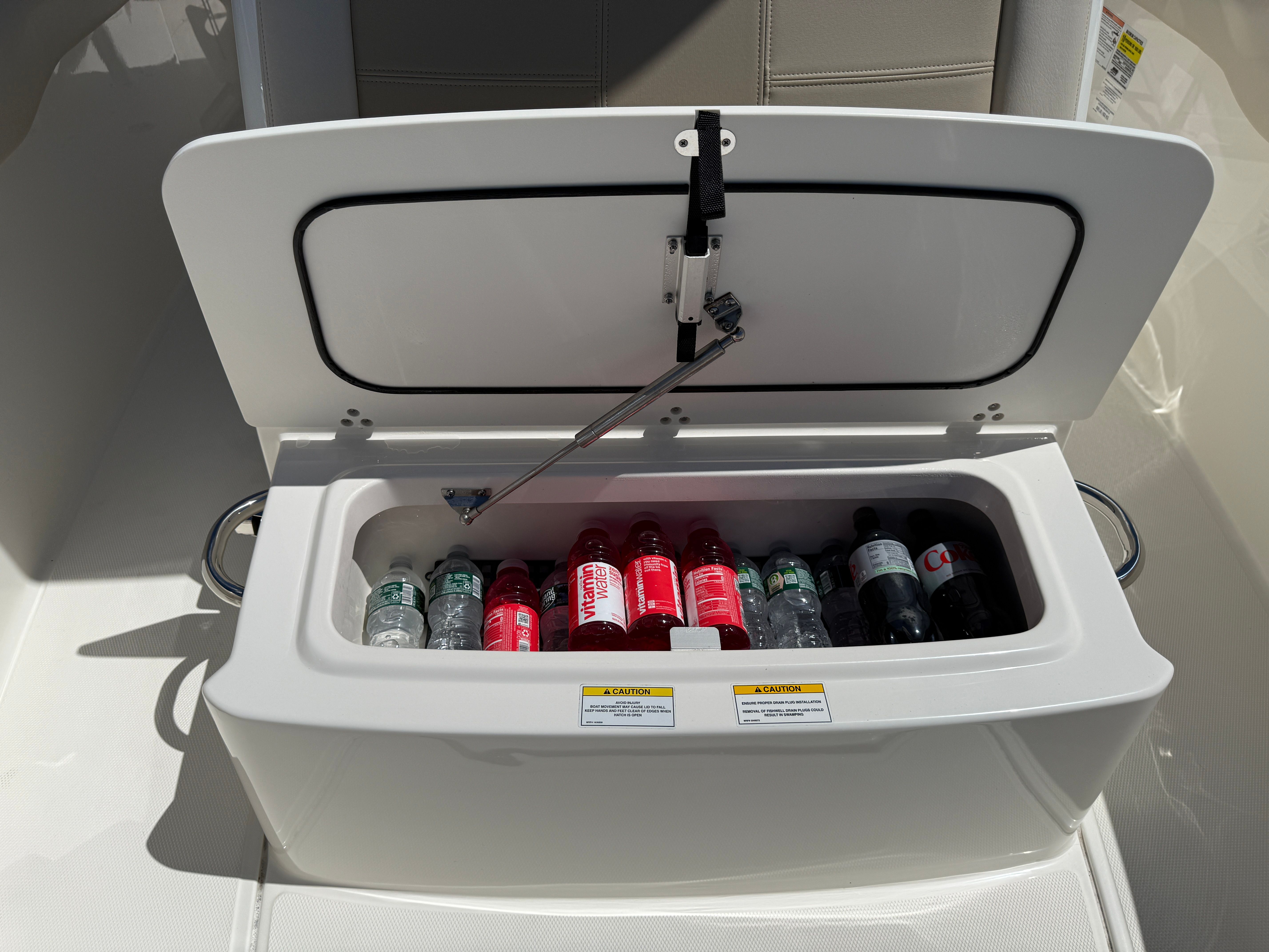 Cooler on Boston Whaler 230 Outrage boat, filled with beverages.