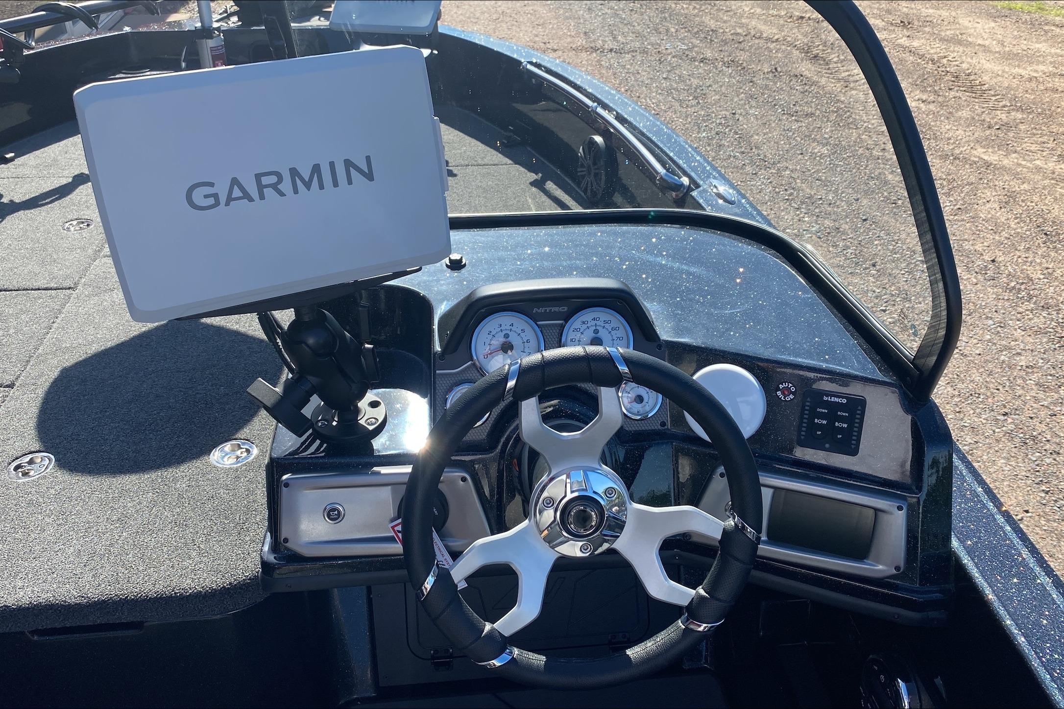 Steering console of 2026 Nitro ZV20 Pro boat with Garmin navigation system.