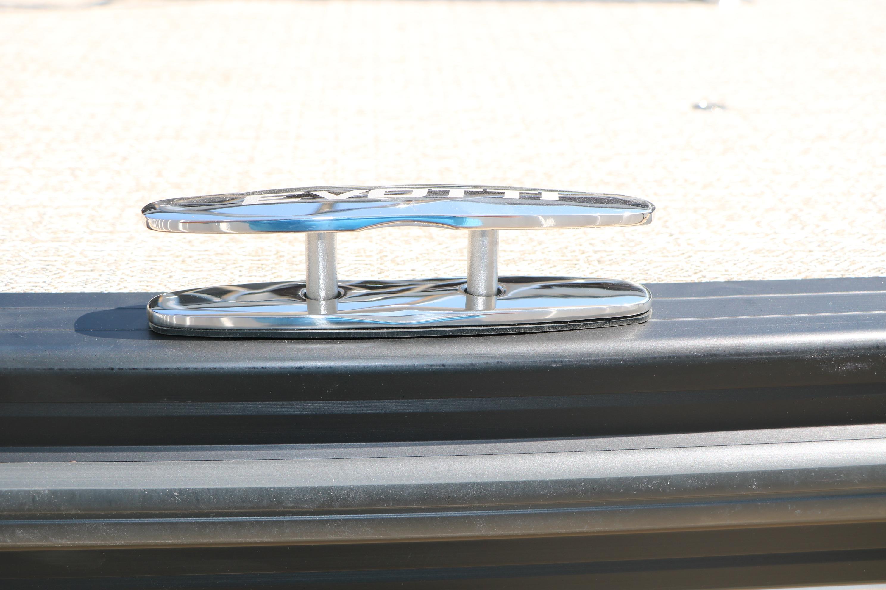 Chrome cleat on 2026 Evotti 725 CS Tri-Toon boat deck.