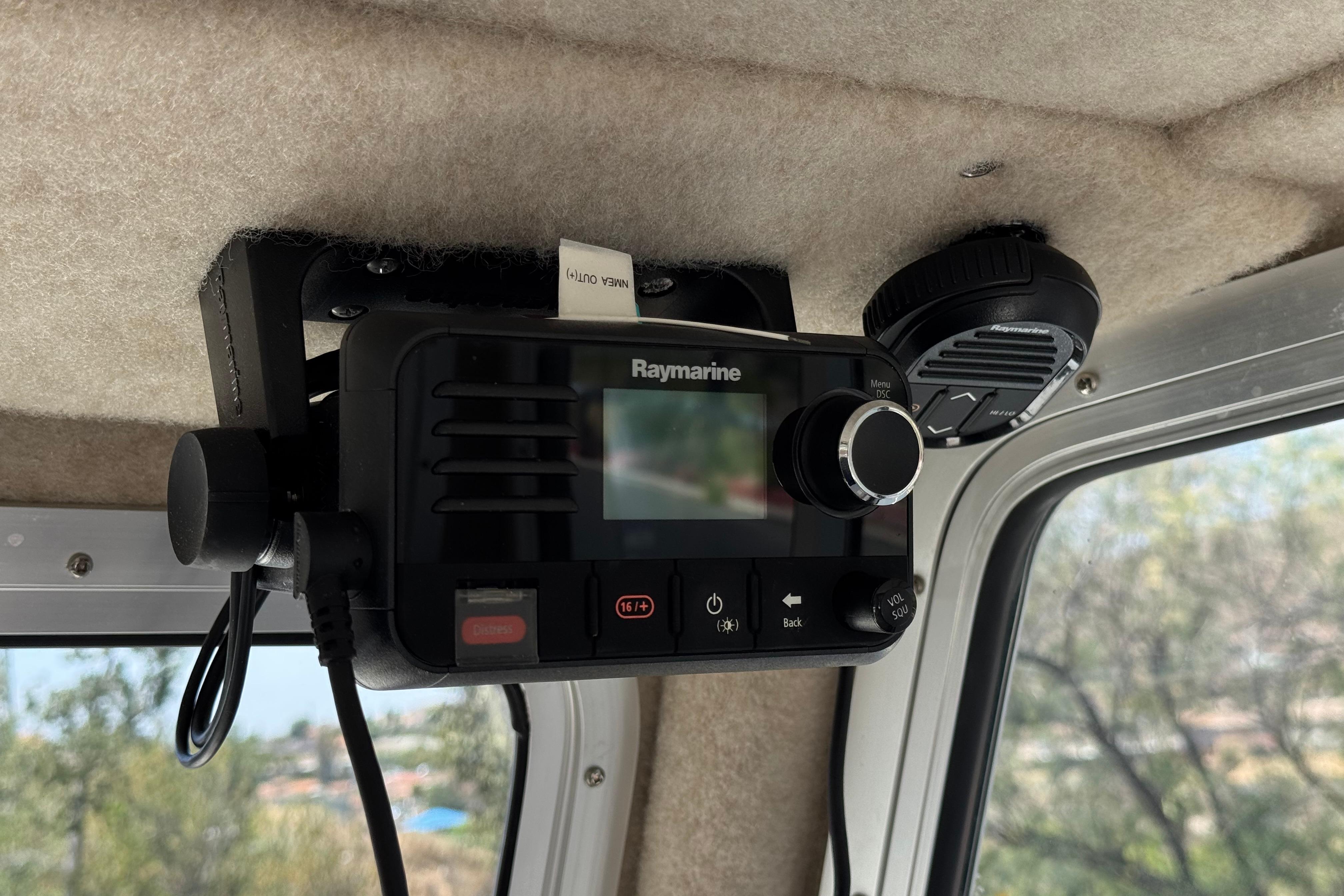 Raymarine marine radio installed in a 2017 Defiance Admiral 220 EX boat cabin.