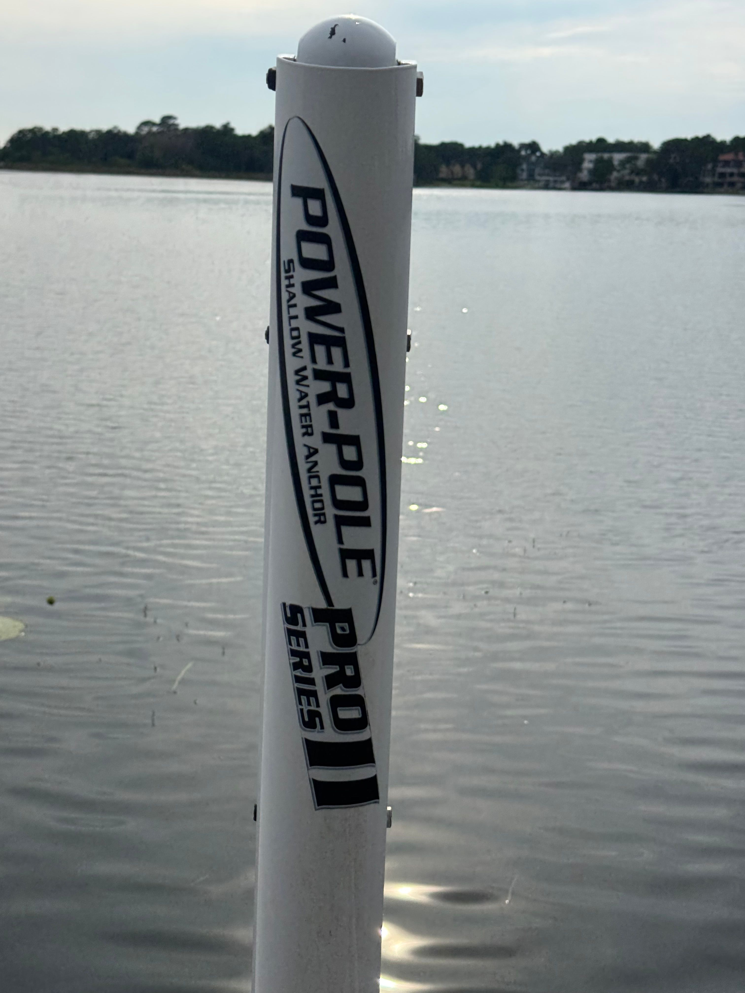 Power-Pole Pro II anchor on calm lake, ShearWater LTZ 2004.