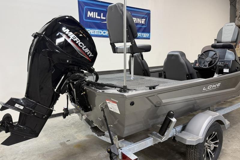 2026 Lowe Skorpion 16 boat with Mercury outboard motor on trailer.