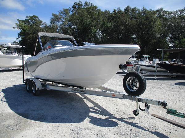 2025 Sea Fox 228 Traveler boat on trailer in outdoor setting.