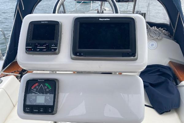 Cockpit navigation instruments on a 1989 Catalina 30 sailboat.