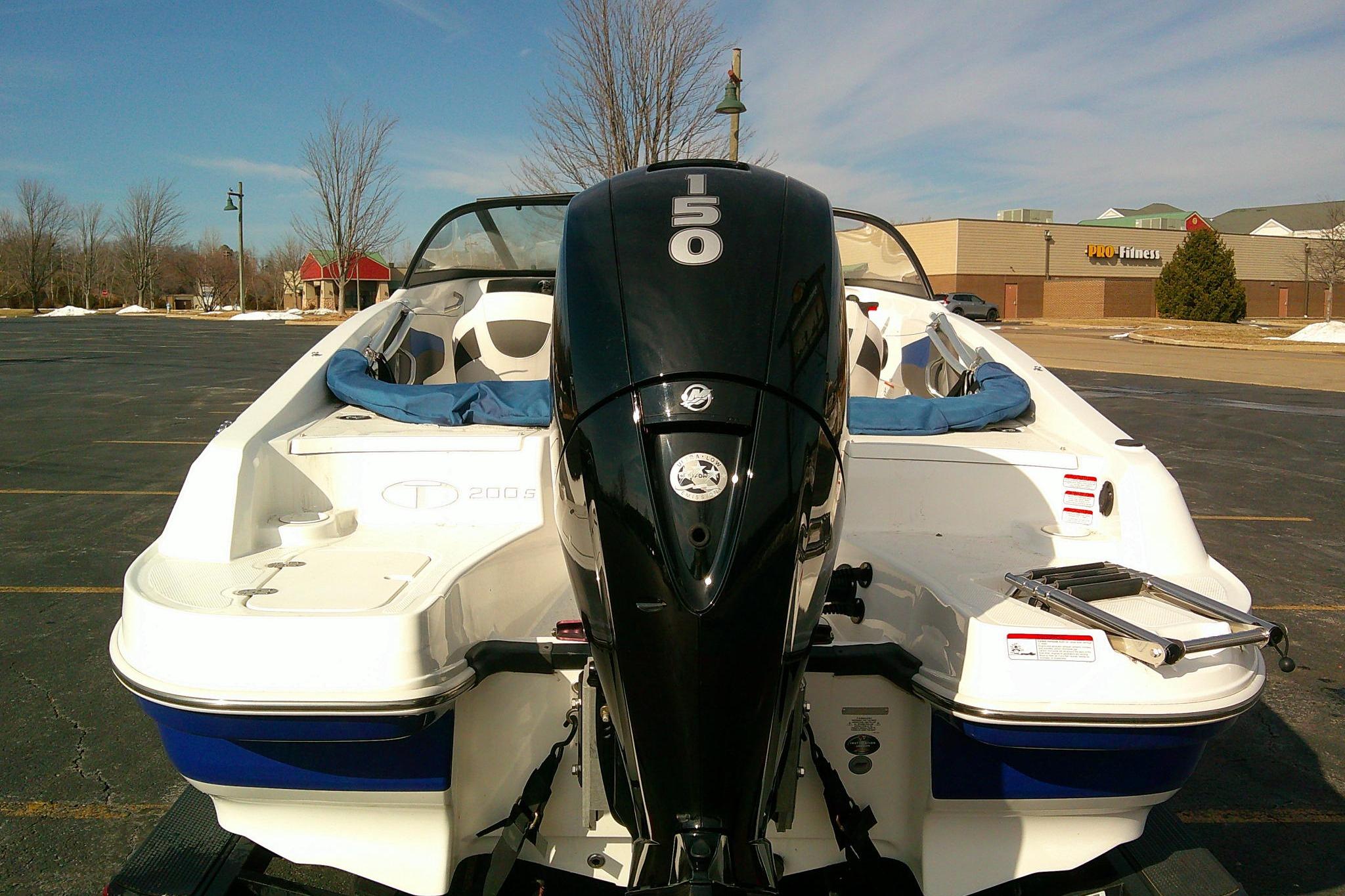 2024 Tahoe 200 S boat with 150 HP engine in parking lot.