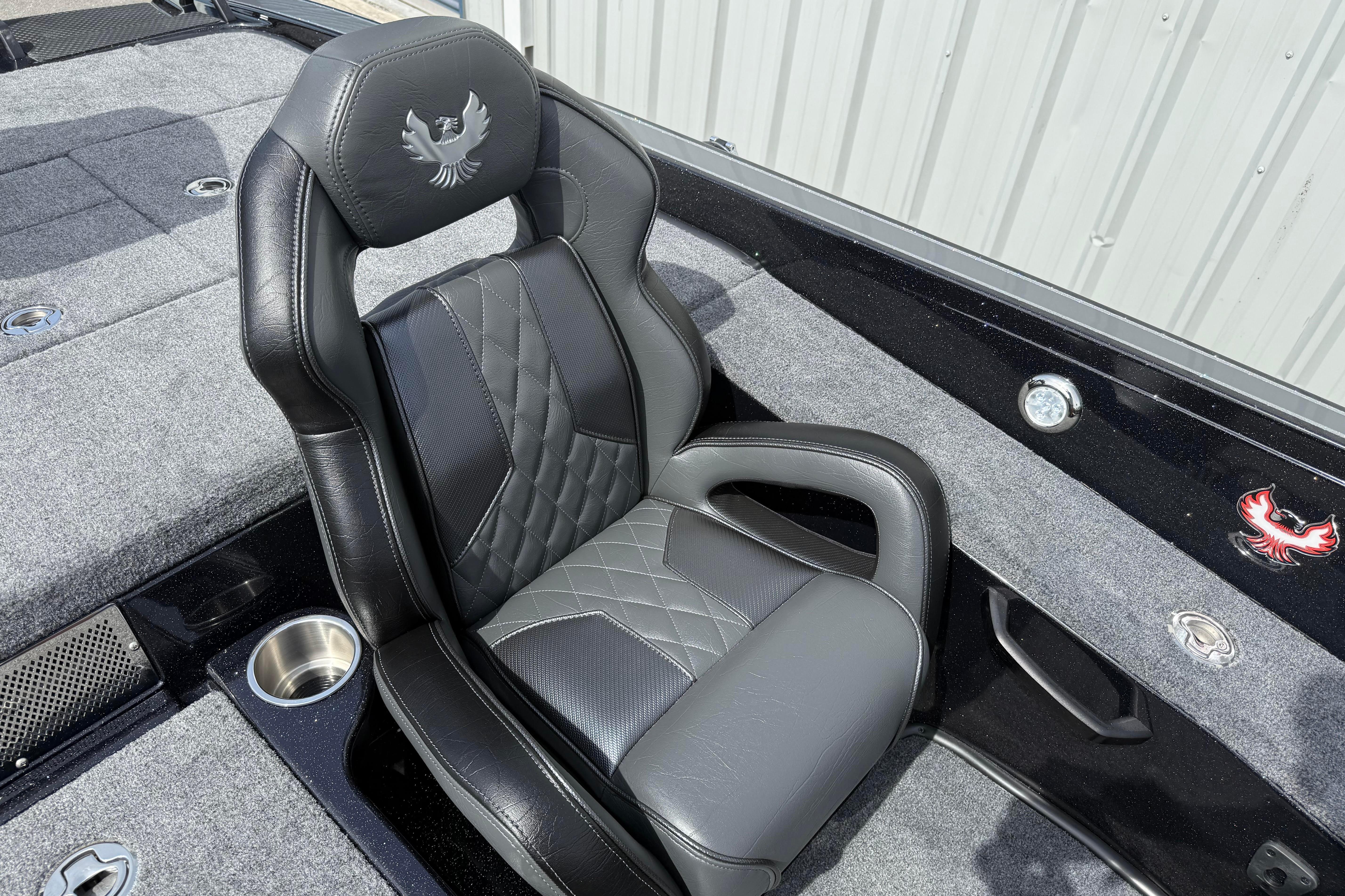 Luxurious black leather seat in 2027 Phoenix 921 Elite X boat interior.
