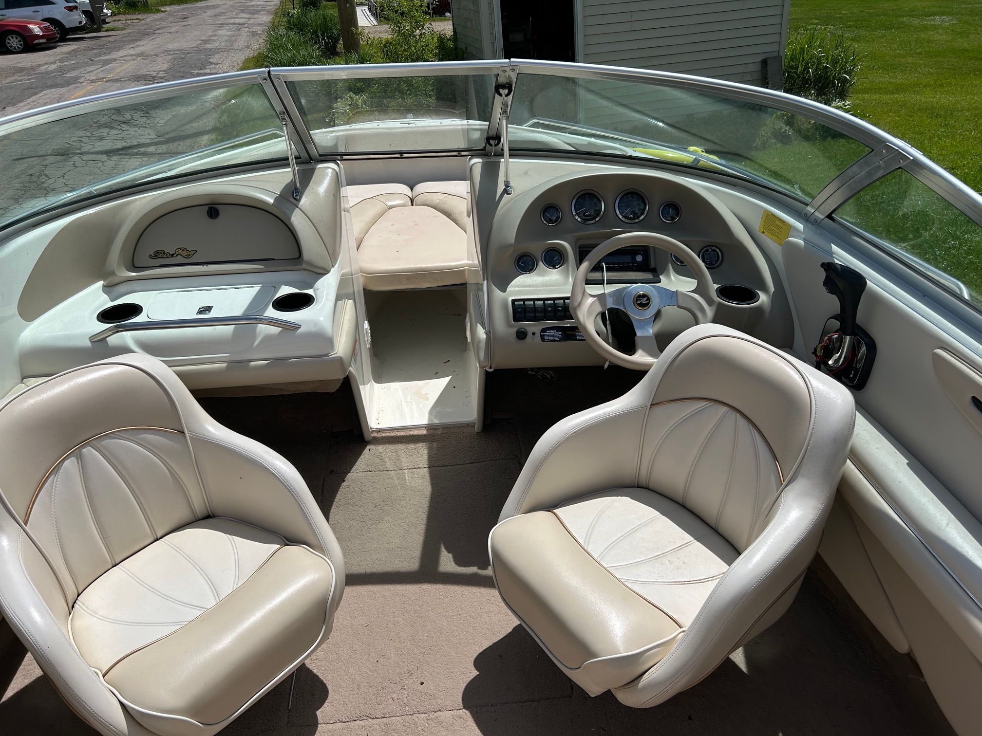 Interior of a 1998 Sea Ray 190 Bow Rider boat.